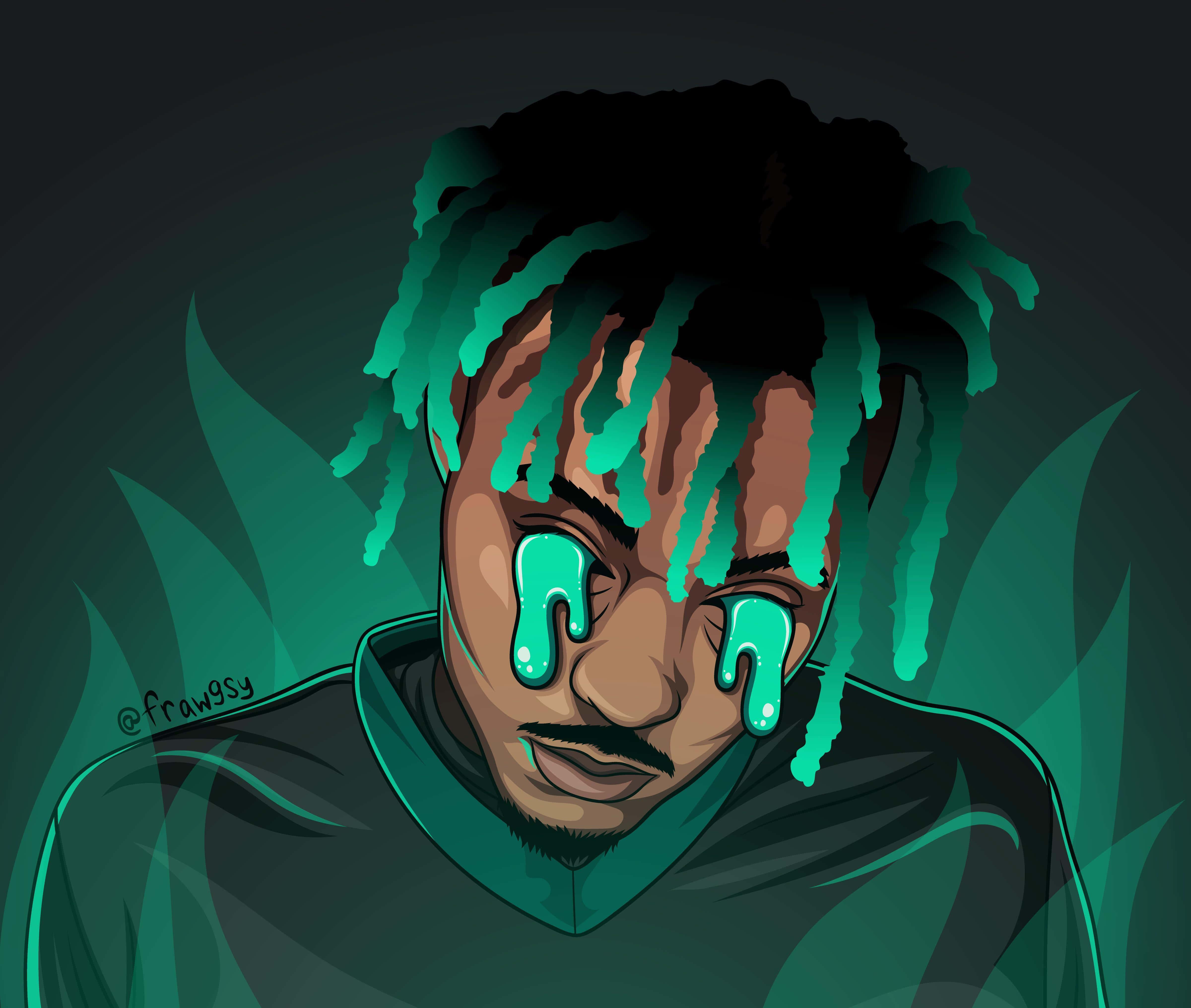 Juice Wrld Live, glowing teal tears, dreadlocks, 4K Desktop Wallpaper