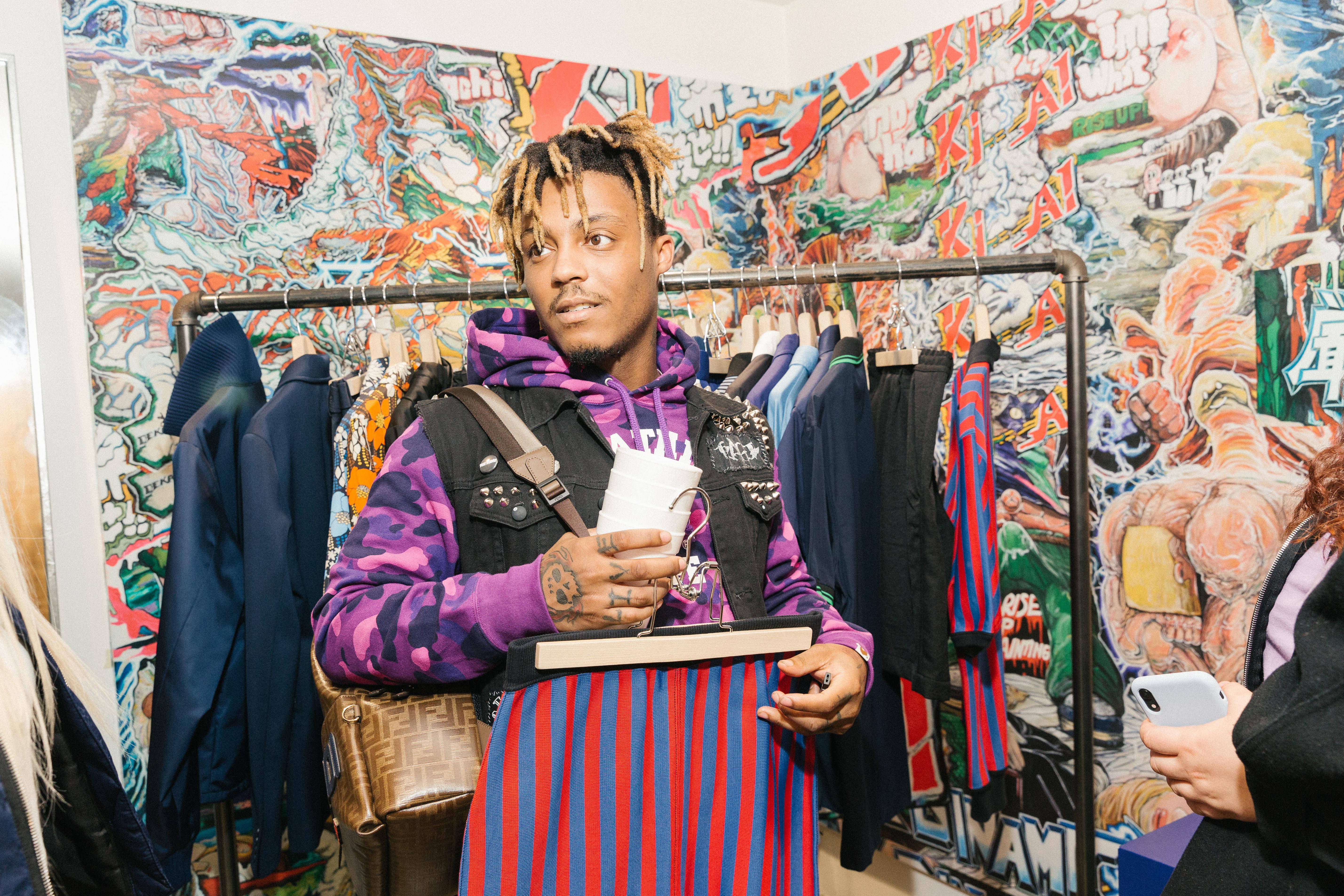Juice Wrld, purple hoodie, striped pants, 5K Desktop Wallpaper