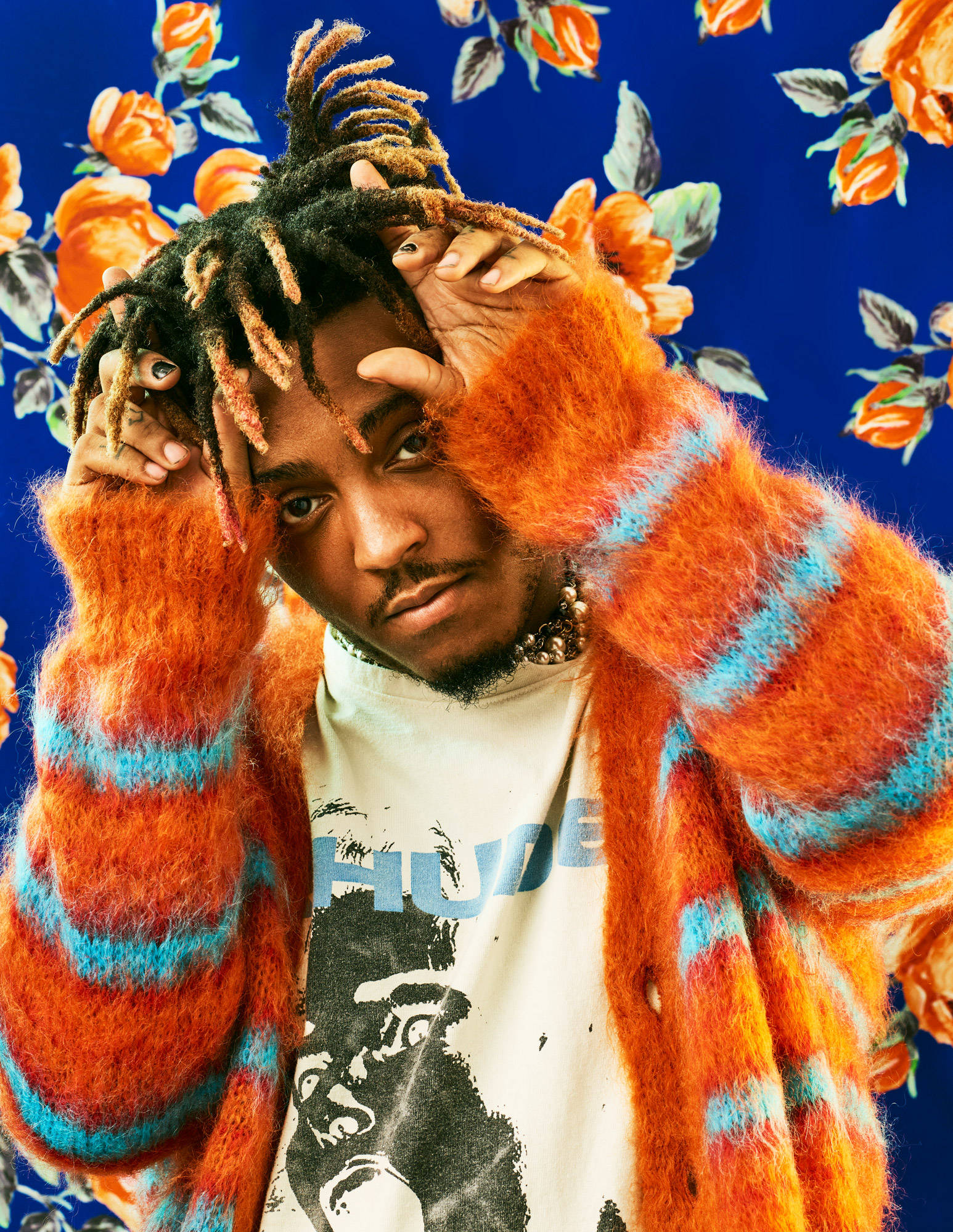 Juice Wrld, dreadlocks, fuzzy orange and blue striped cardigan, Full HD Phone Wallpaper