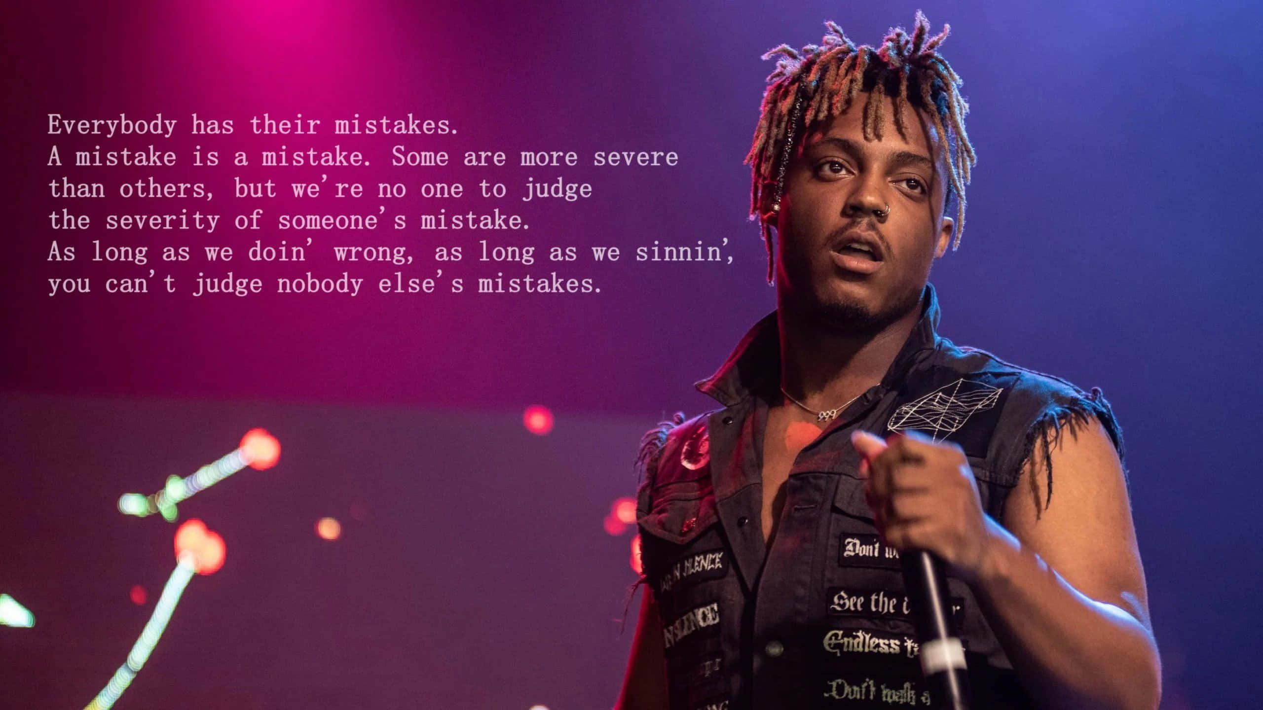 Juice WRLD, colorful dreadlocks, vibrant pink and blue stage lights, 2K Desktop Wallpaper