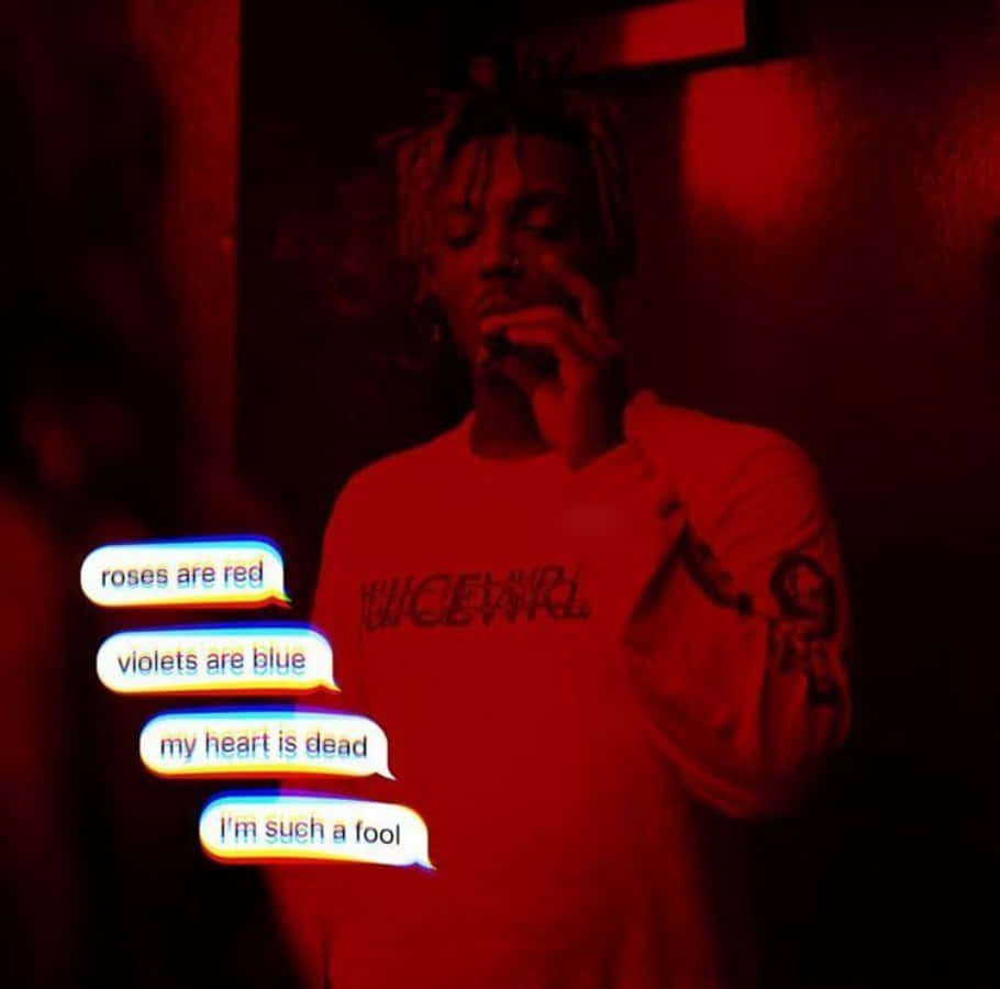 Juice Wrld, red-lit room, glowing text bubbles, SD Desktop Wallpaper