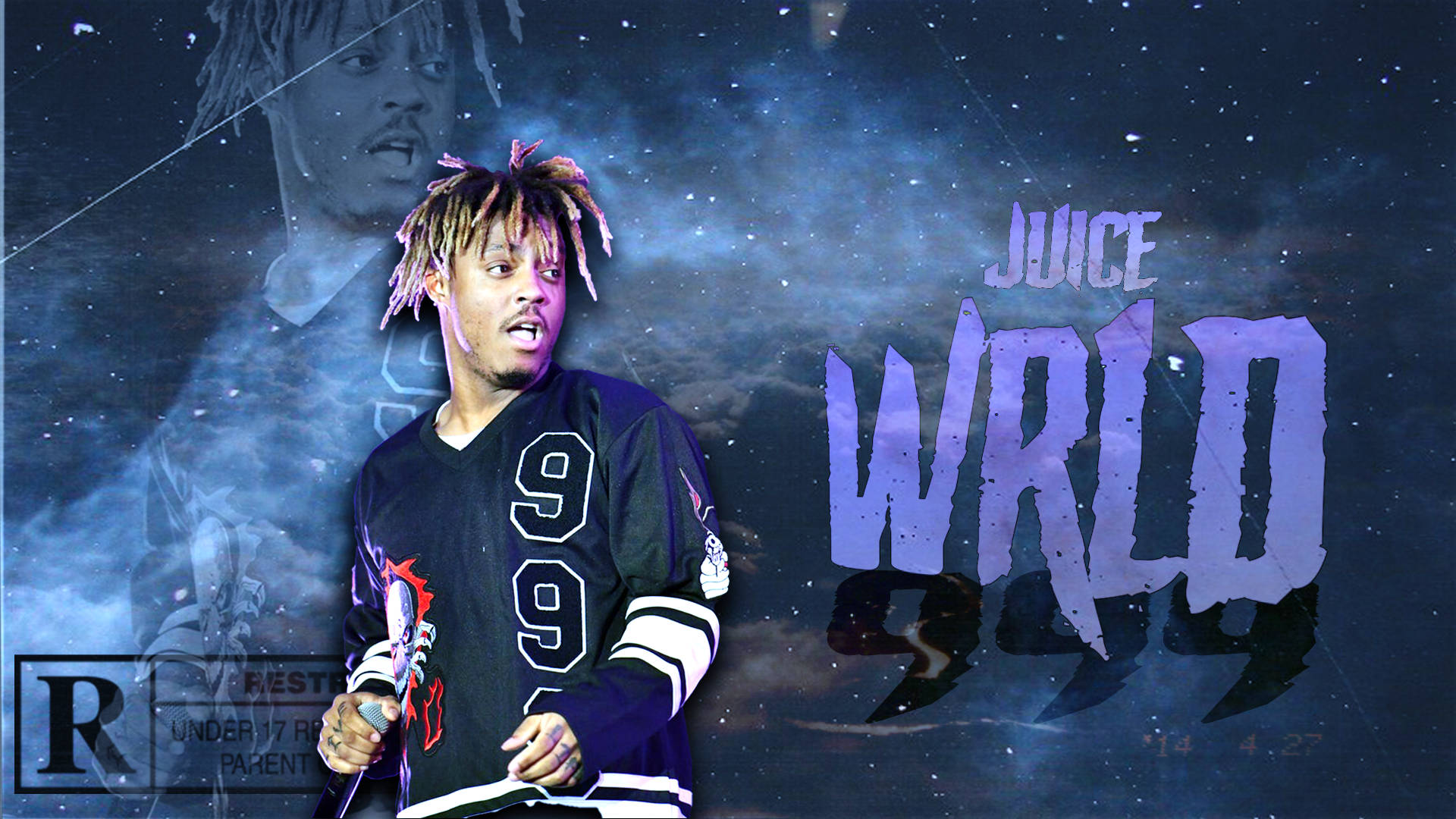 Juice WRLD, blue sky, starry cosmic backdrop, Full HD Desktop Wallpaper