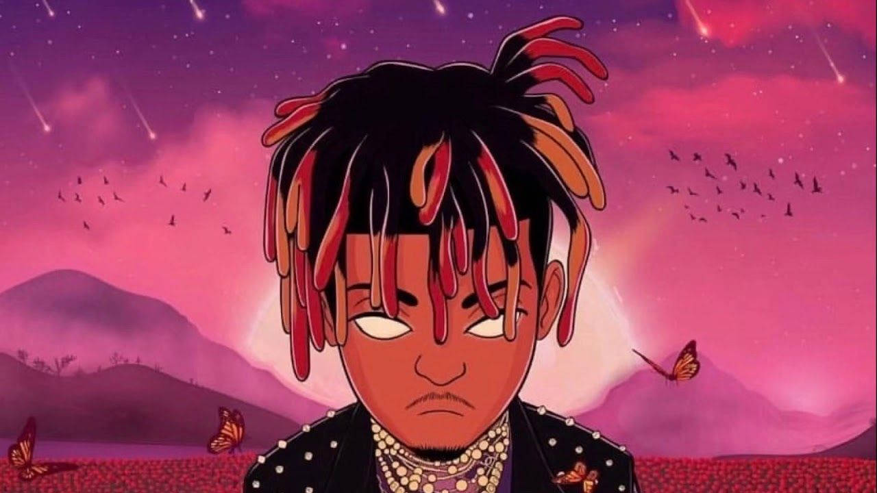 Juice Wrld, red and black dreadlocks, vibrant pink and purple sky, HD Desktop Wallpaper