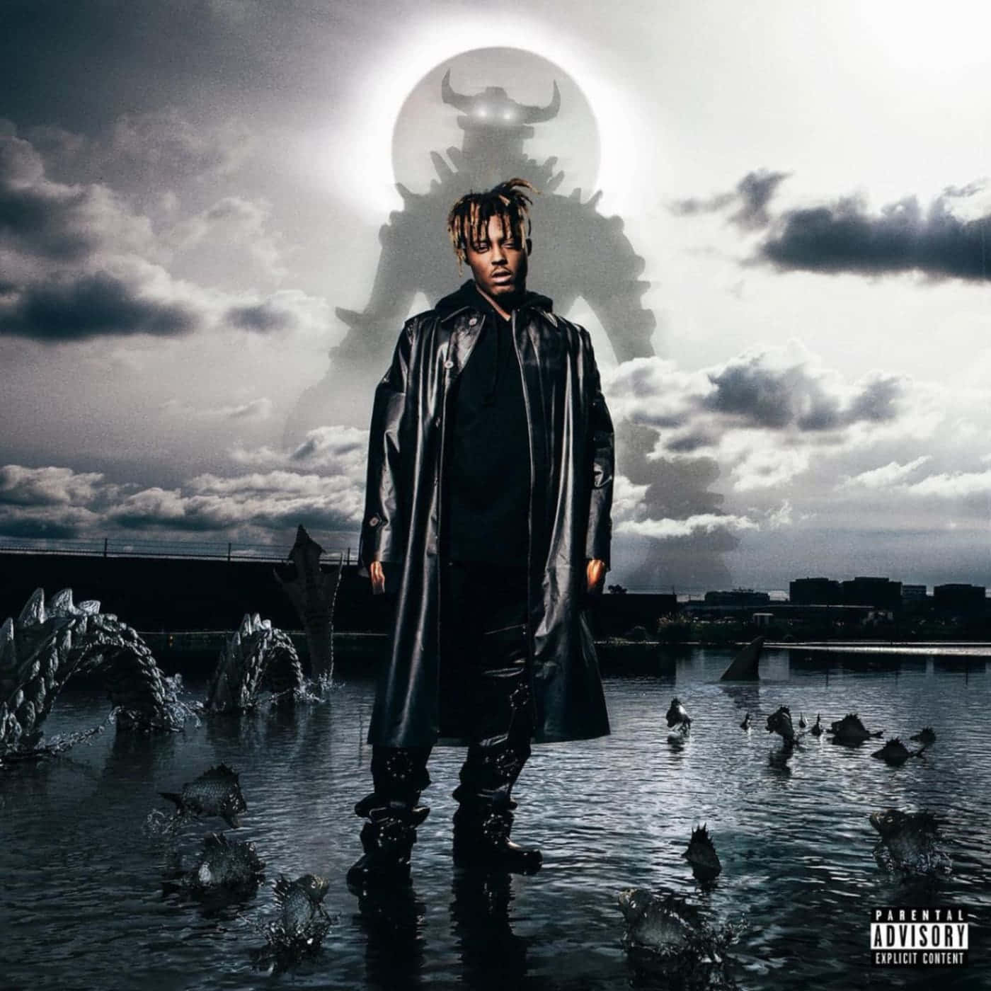 Juice Wrld, black trench coat, giant horned figure, HD Desktop Wallpaper
