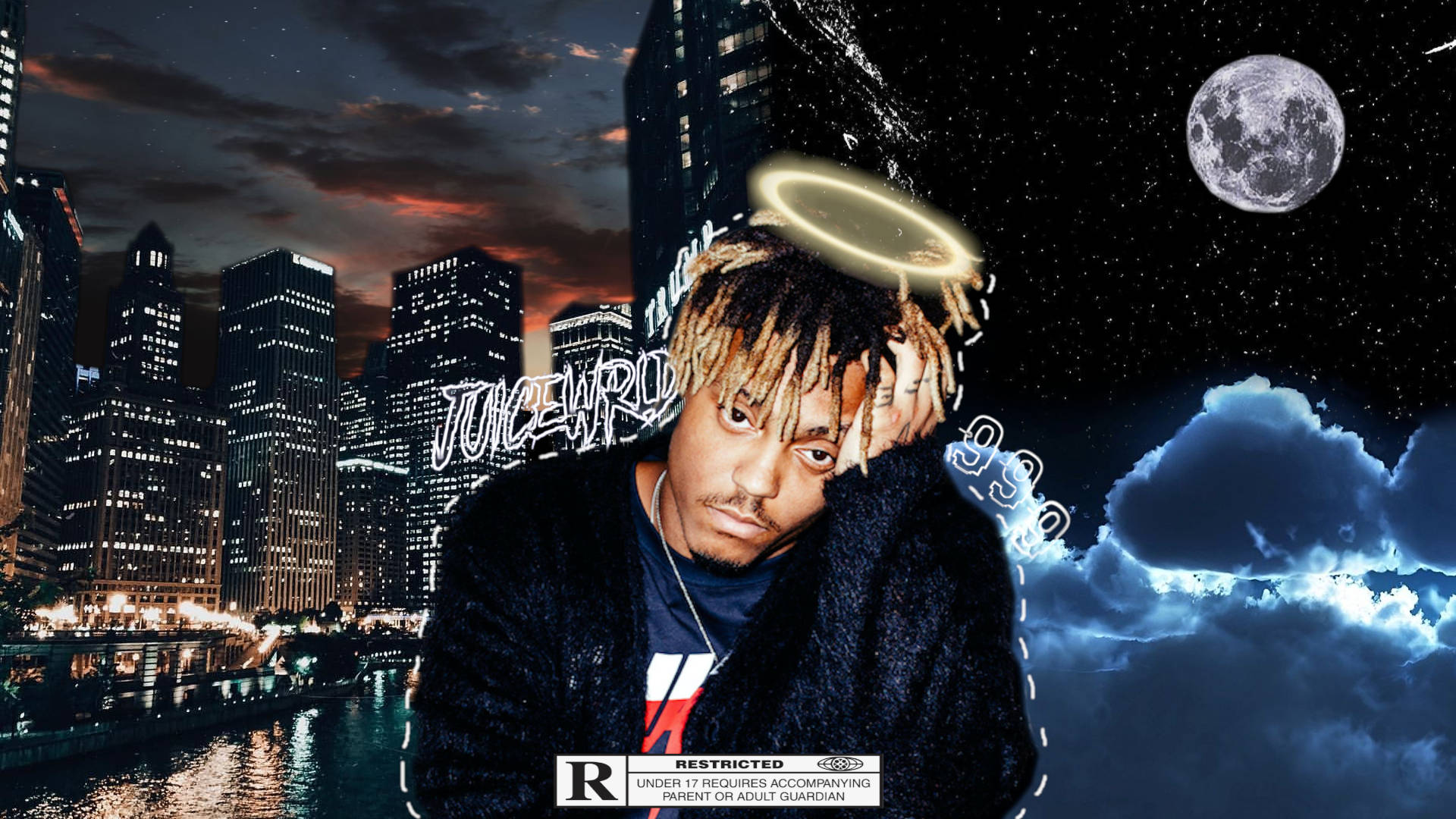 Juice Wrld, neon halo, neon cityscape, Full HD Desktop Wallpaper