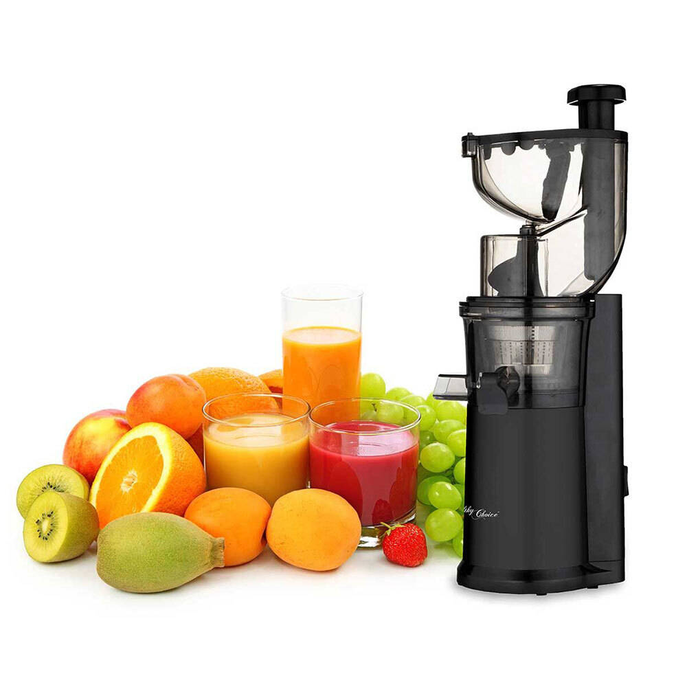 sleek black juicer, vibrant glasses of orange and red juice, fresh fruits like kiwi oranges grapes and strawberries, SD Desktop Wallpaper