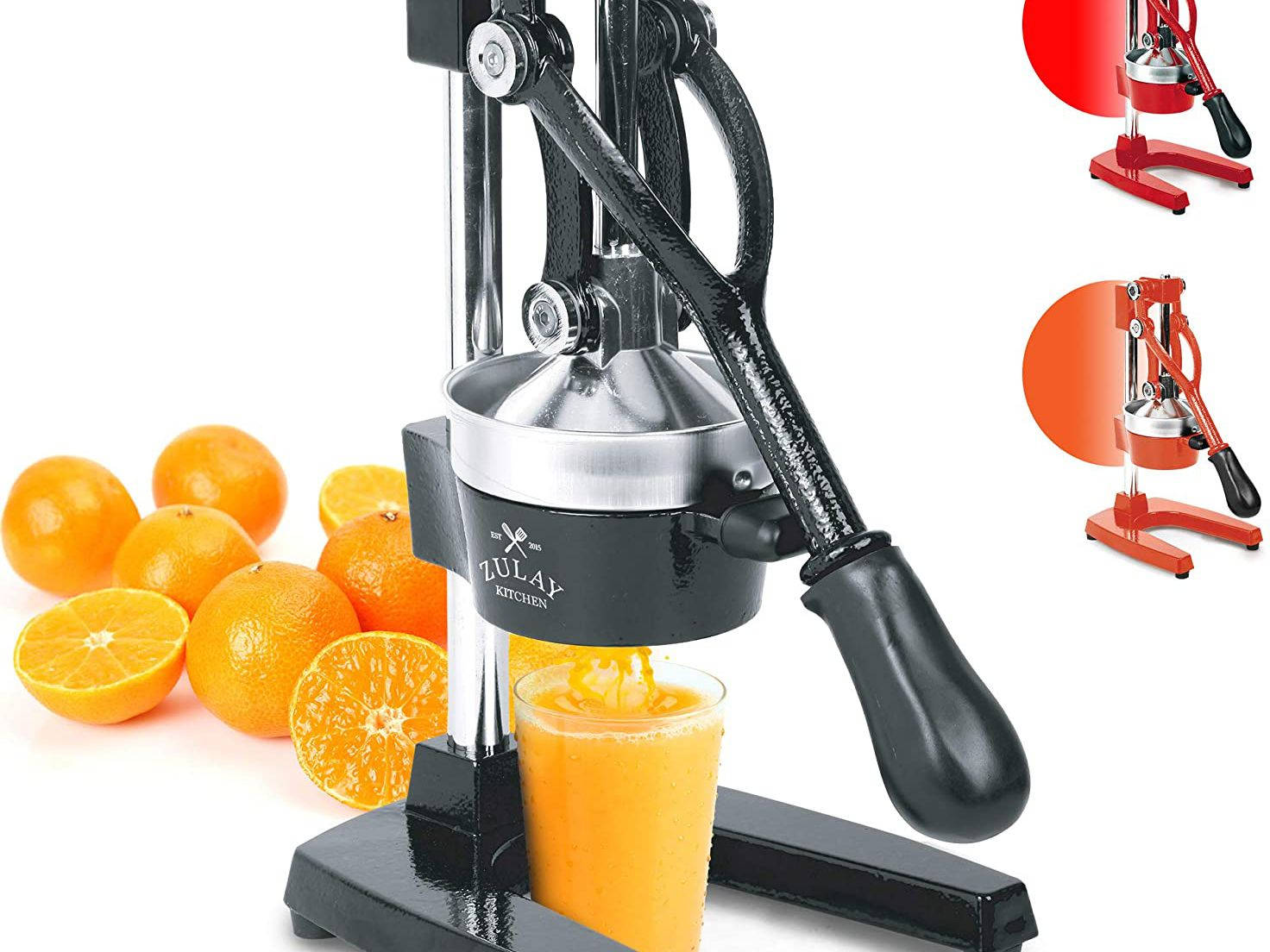 black manual citrus press, vibrant orange juice, glass, HD Desktop Wallpaper