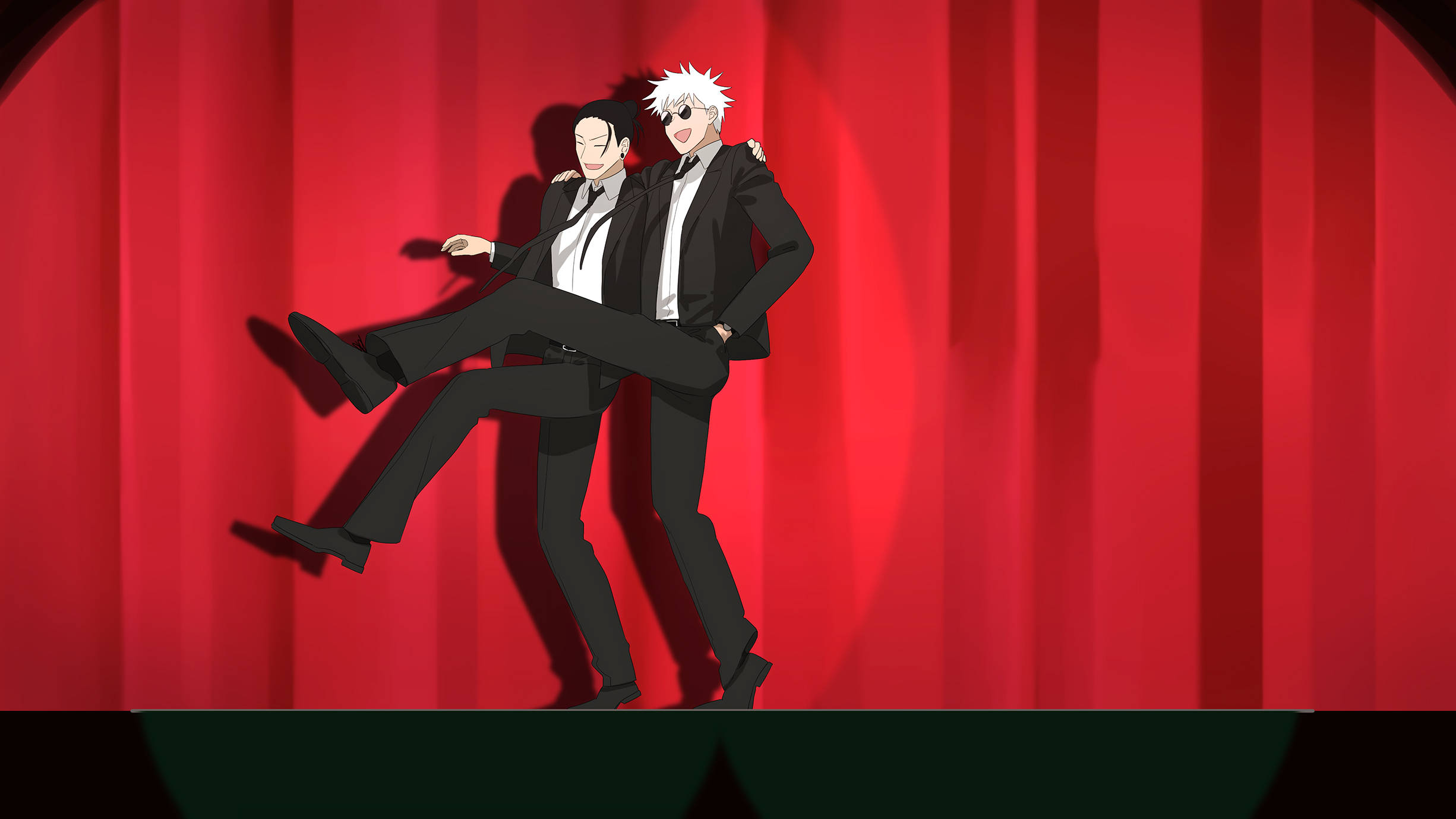 Jujutsu Kaisen 4K, black suits, vibrant red curtain, Full HD Desktop Wallpaper