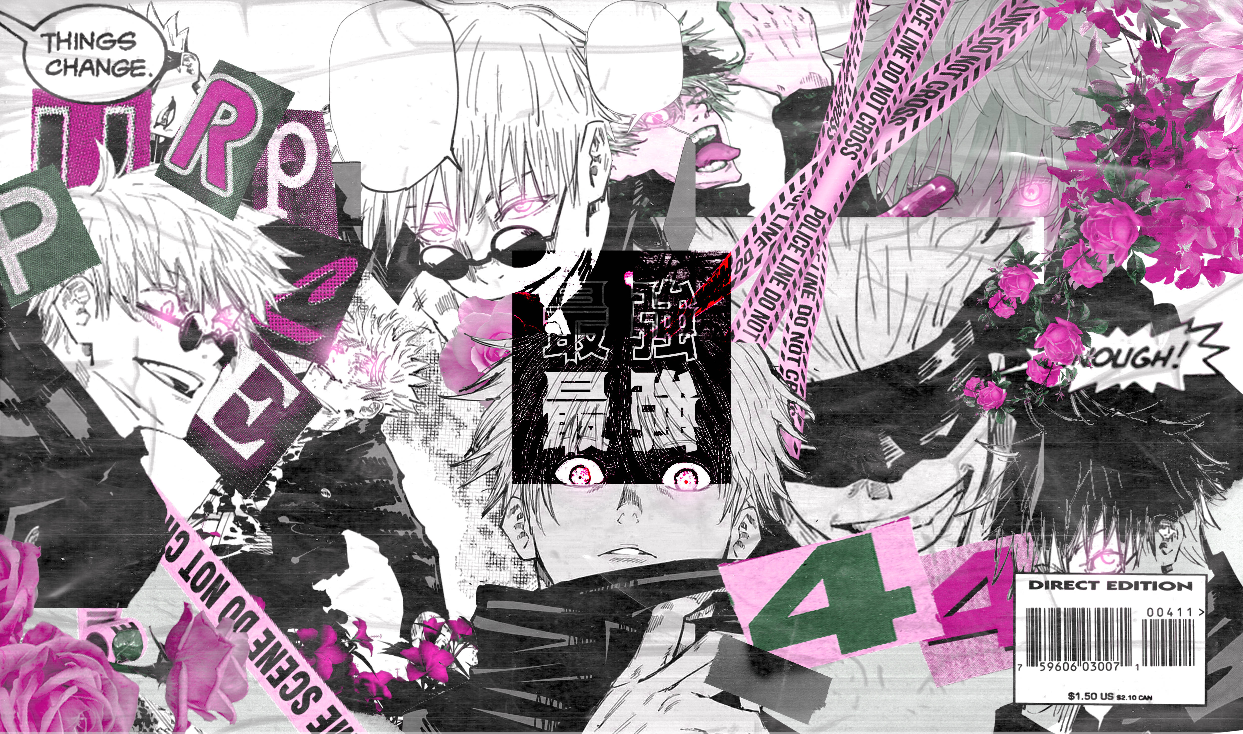 Jujutsu Kaisen 4K, manga art cover, pink roses, 4K Desktop Wallpaper