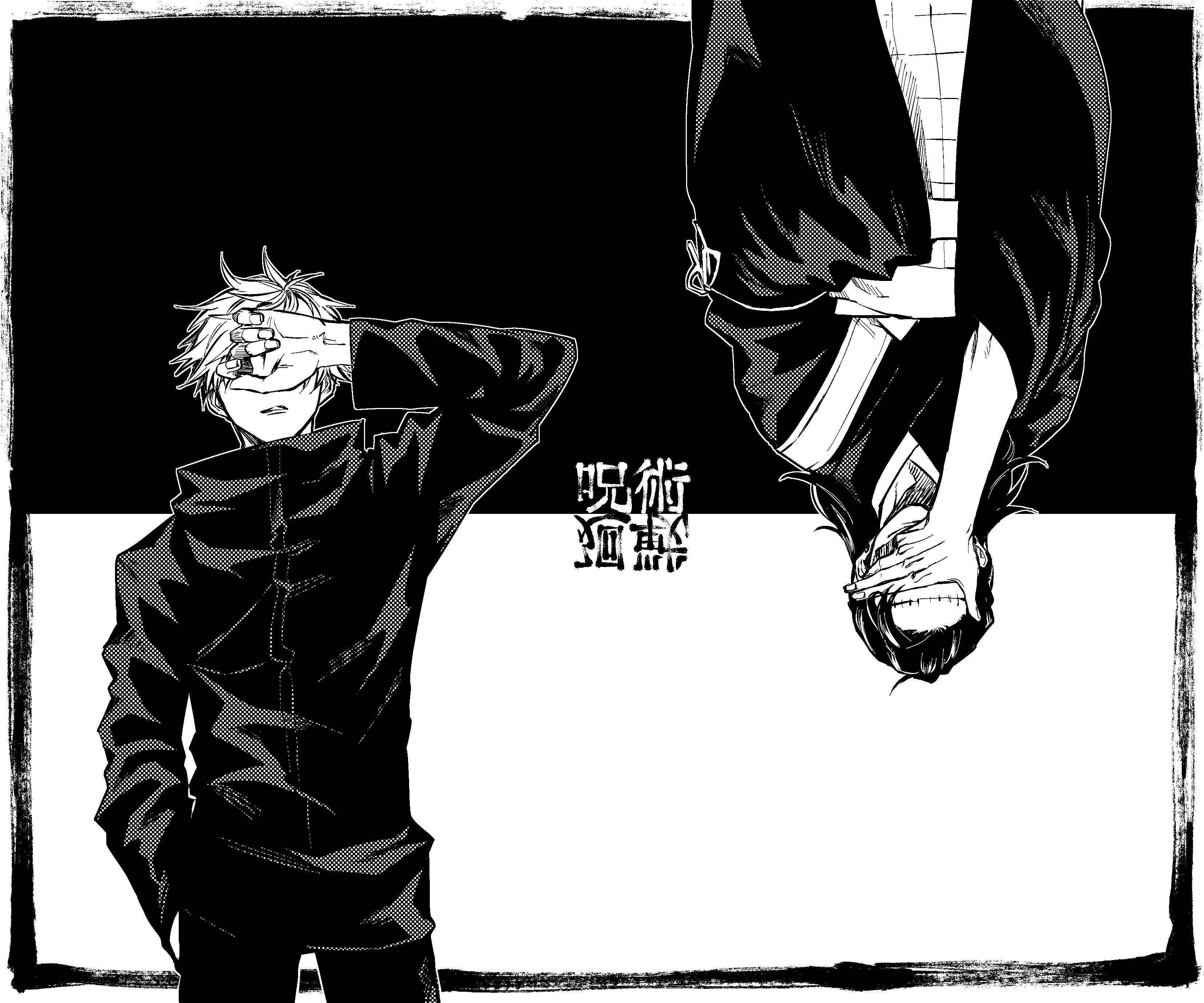 Jujutsu Kaisen 4K, minimalist poster, black and white manga style, 2K Desktop Wallpaper