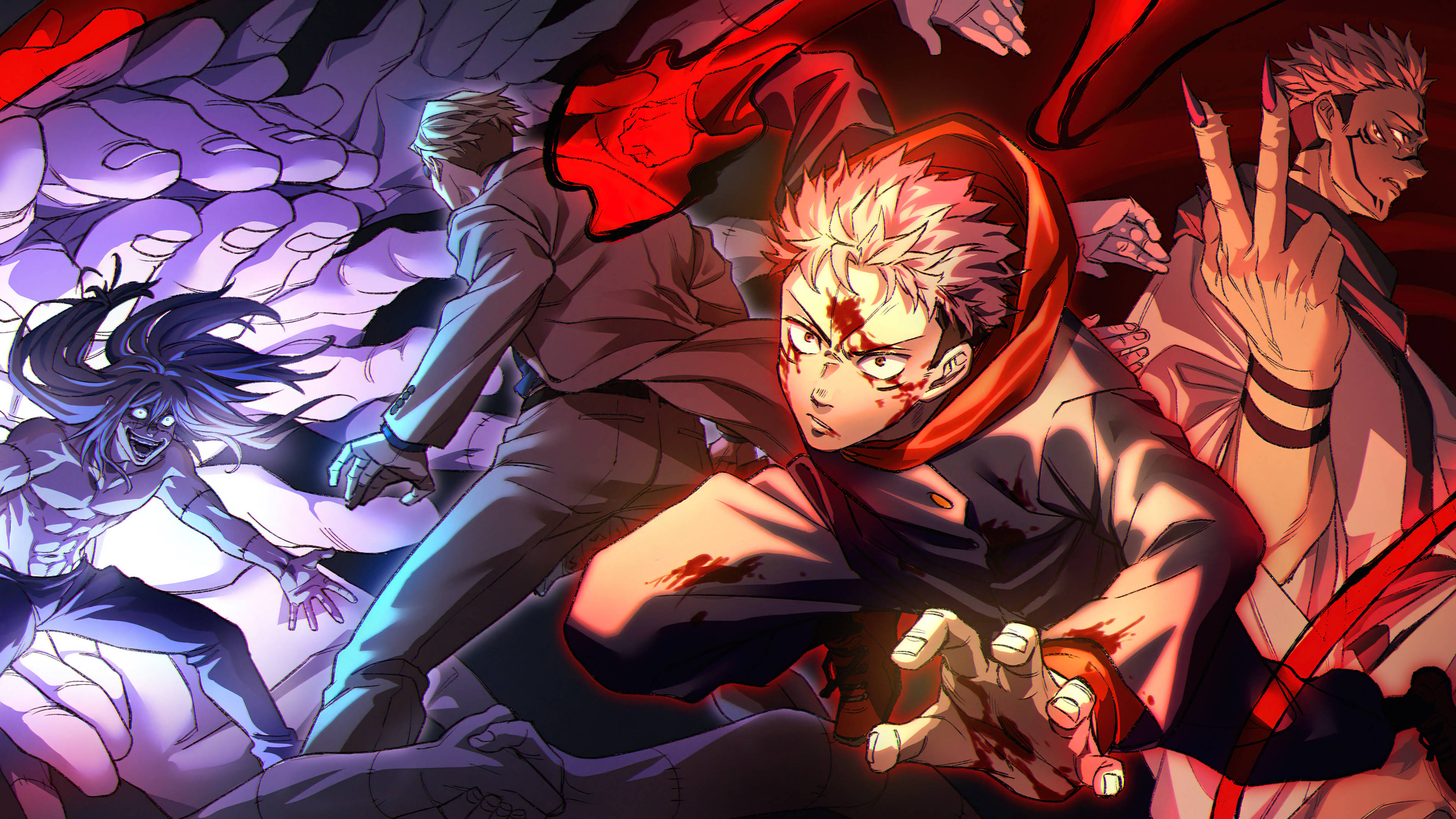 Jujutsu Kaisen 4K, blonde protagonist, vivid red and purple hues, 4K Desktop Wallpaper