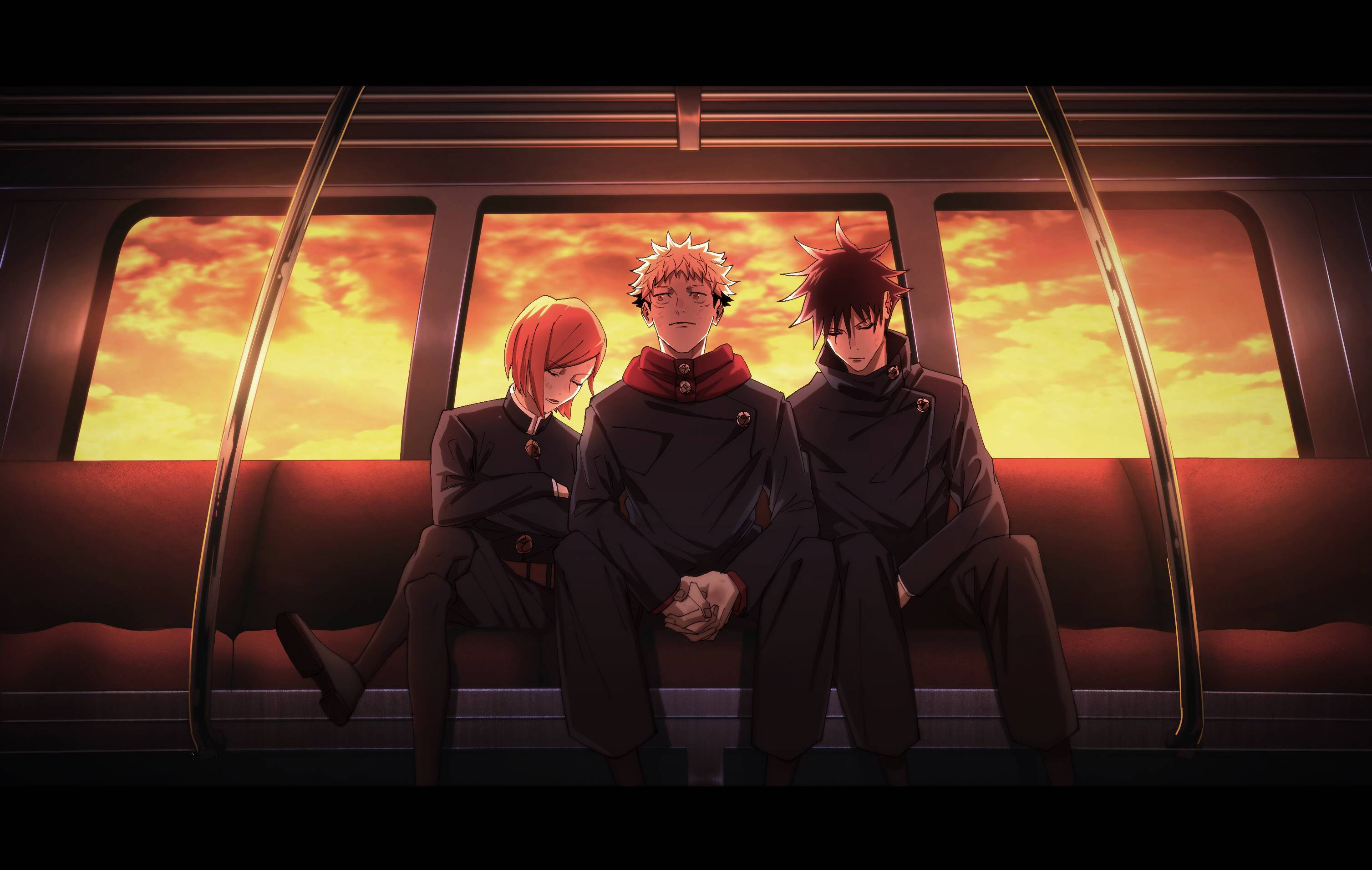 Jujutsu Kaisen, anime characters, subway bench, 2K Desktop Wallpaper