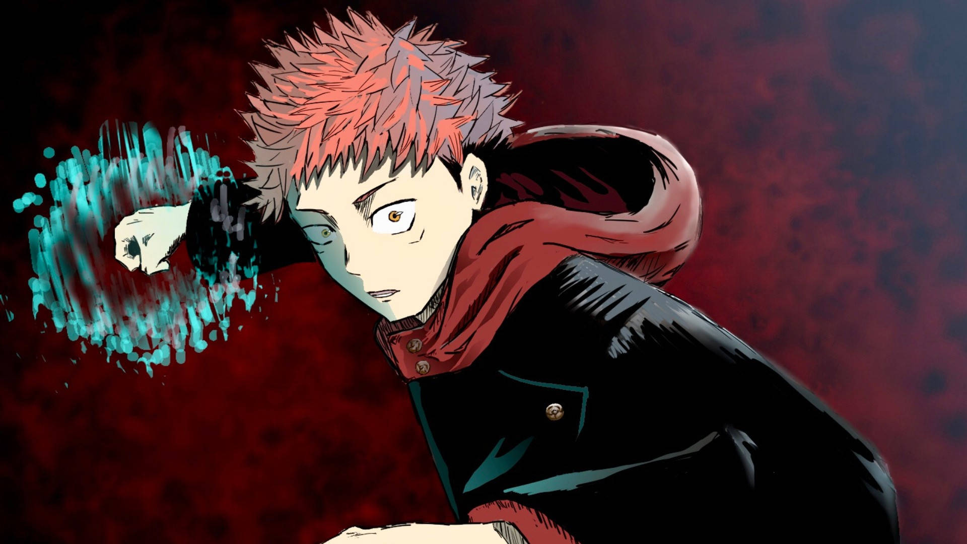 Jujutsu Kaisen, spiky red hair, glowing blue energy, Full HD Desktop Wallpaper