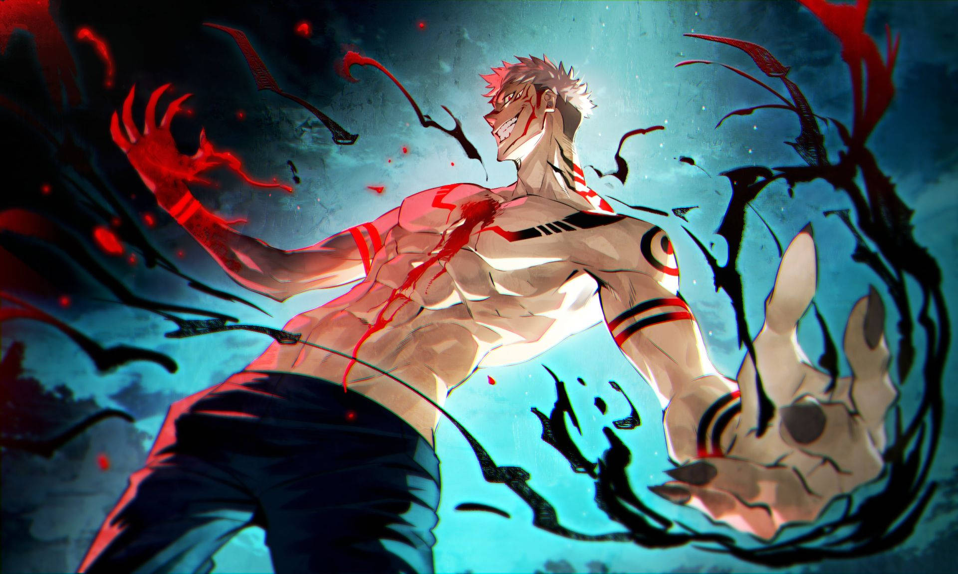 Jujutsu Kaisen, red hair, dark red energy tendrils, Full HD Desktop Wallpaper