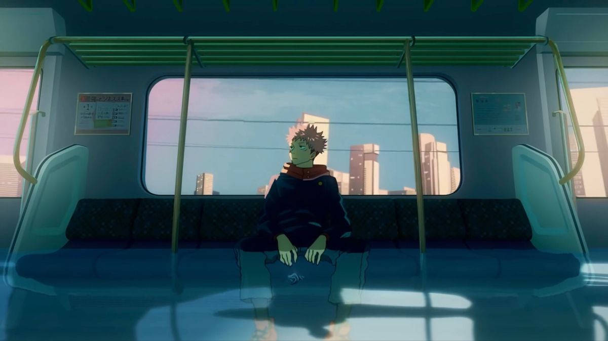 Jujutsu Kaisen, spiky-haired anime boy, subway bench, SD Desktop Wallpaper
