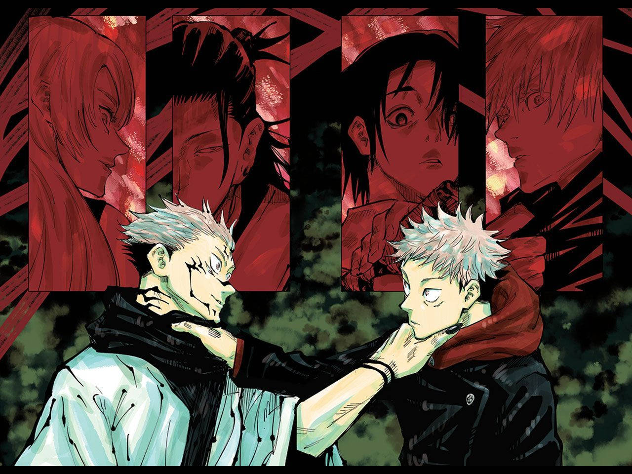 Jujutsu Kaisen, white-haired character, red and green abstract background, HD Desktop Wallpaper