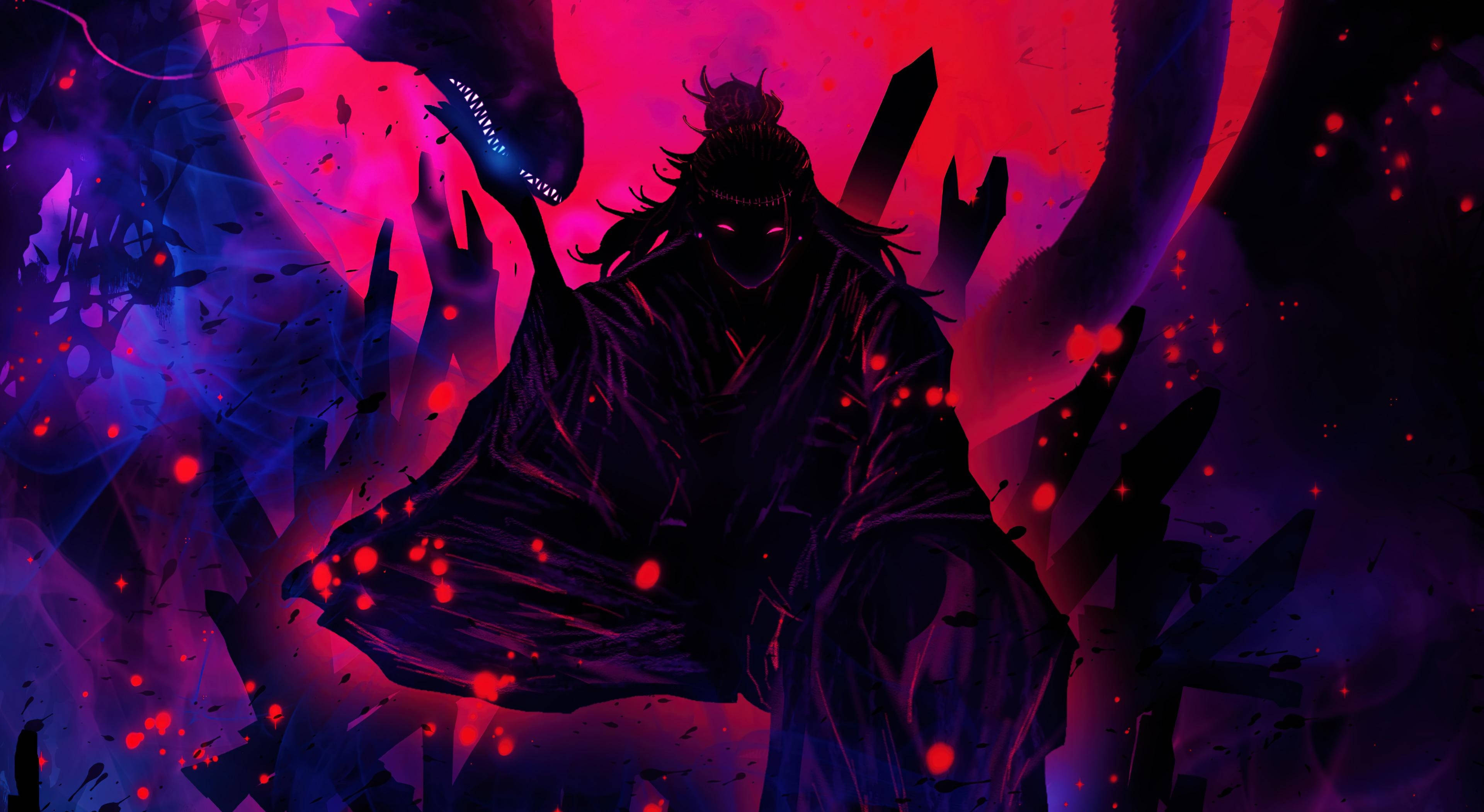Jujutsu Kaisen, dark-robed anime warrior, glowing red eyes, 4K Desktop Wallpaper