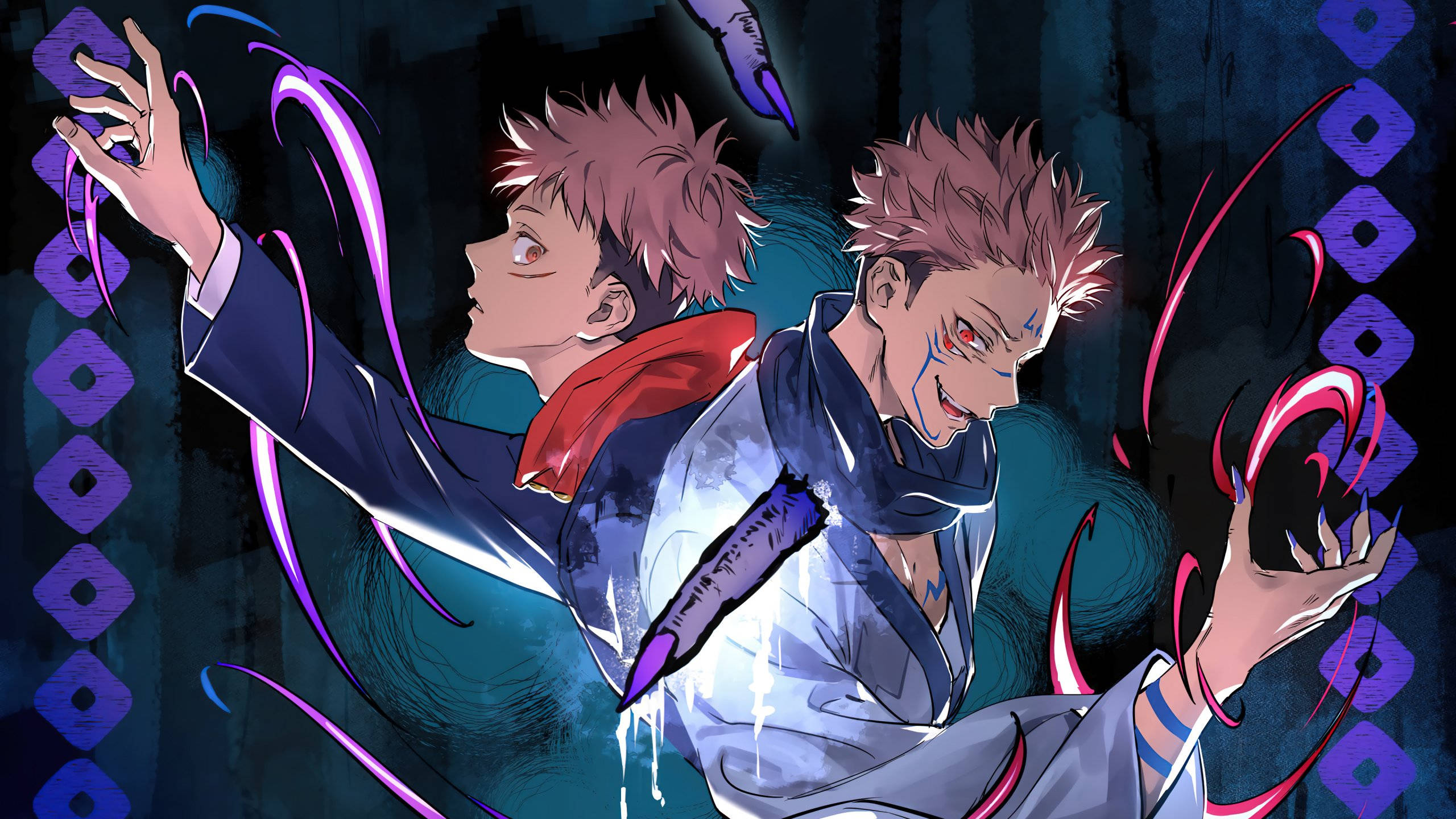 Jujutsu Kaisen, spiky hair, glowing purple and red magical energy, 2K Desktop Wallpaper