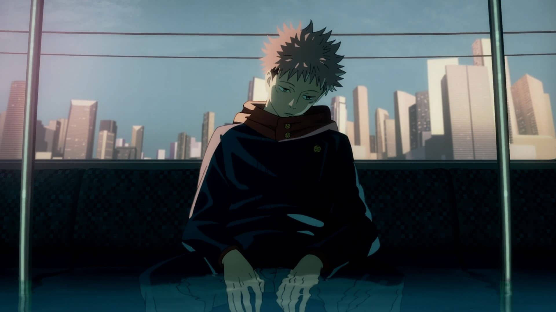 Jujutsu Kaisen, spiky-haired anime boy, train bench, Full HD Desktop Wallpaper