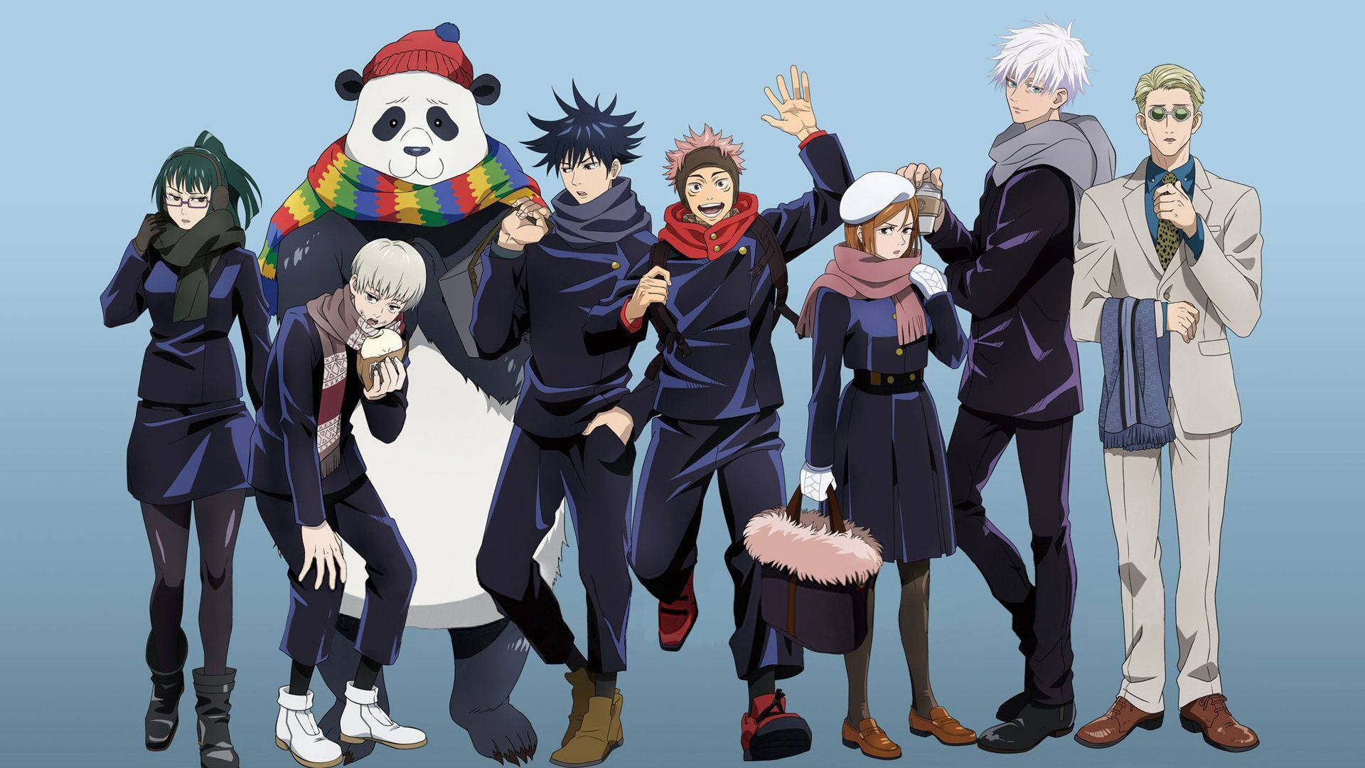 Jujutsu Kaisen, anime characters, winter attire, Full HD Desktop Wallpaper