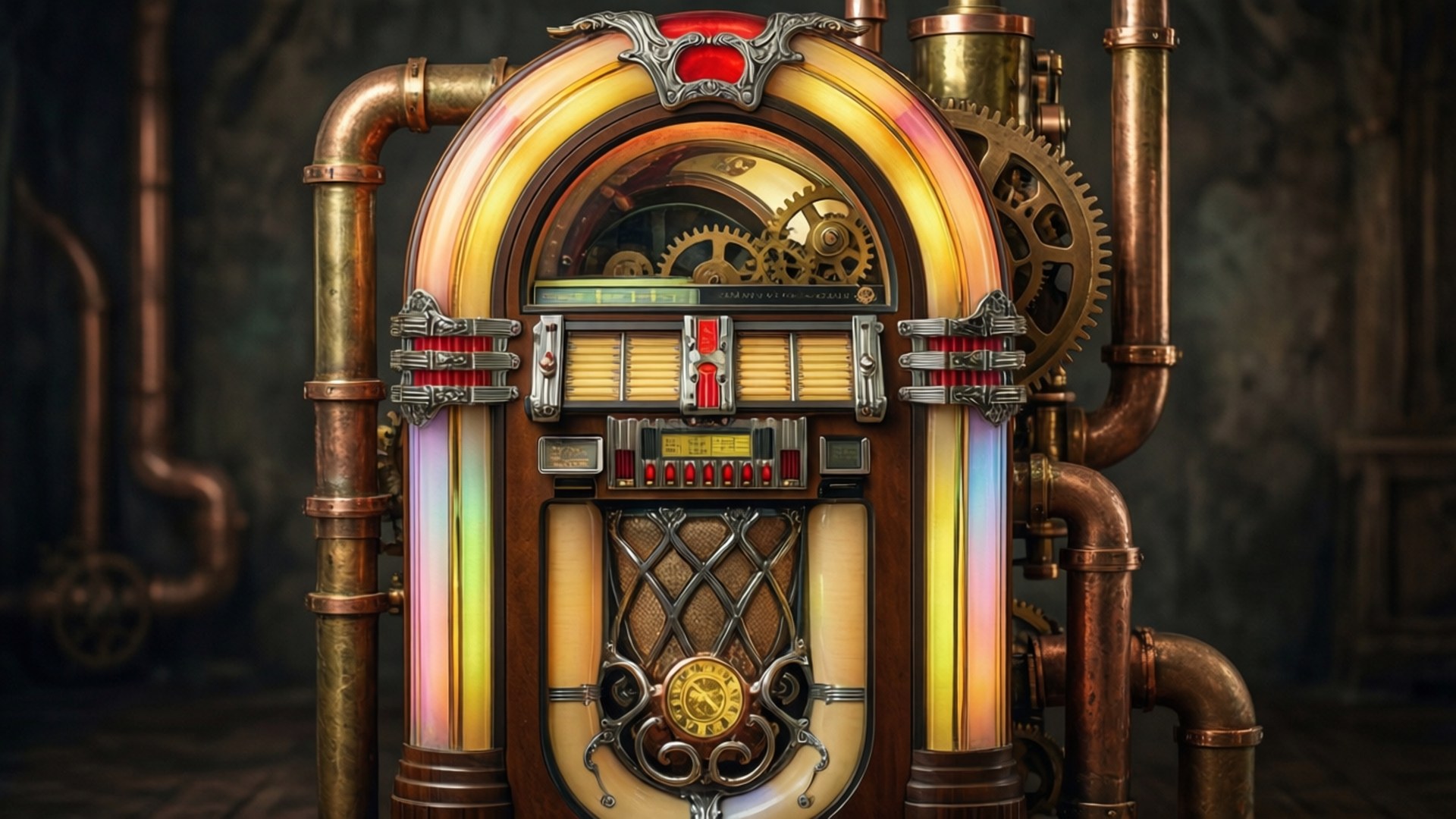 steampunk jukebox, gears, brass details, Full HD Desktop Wallpaper
