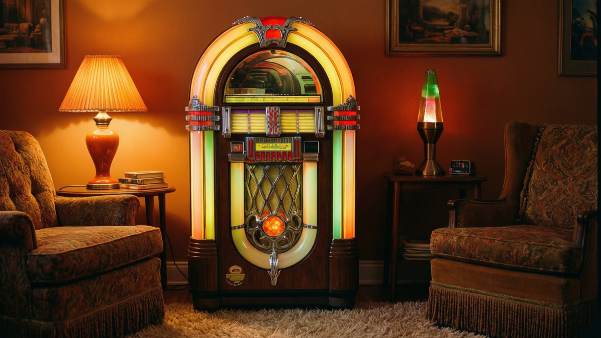 vintage jukebox, retro living room, patterned armchairs, Full HD Desktop Wallpaper