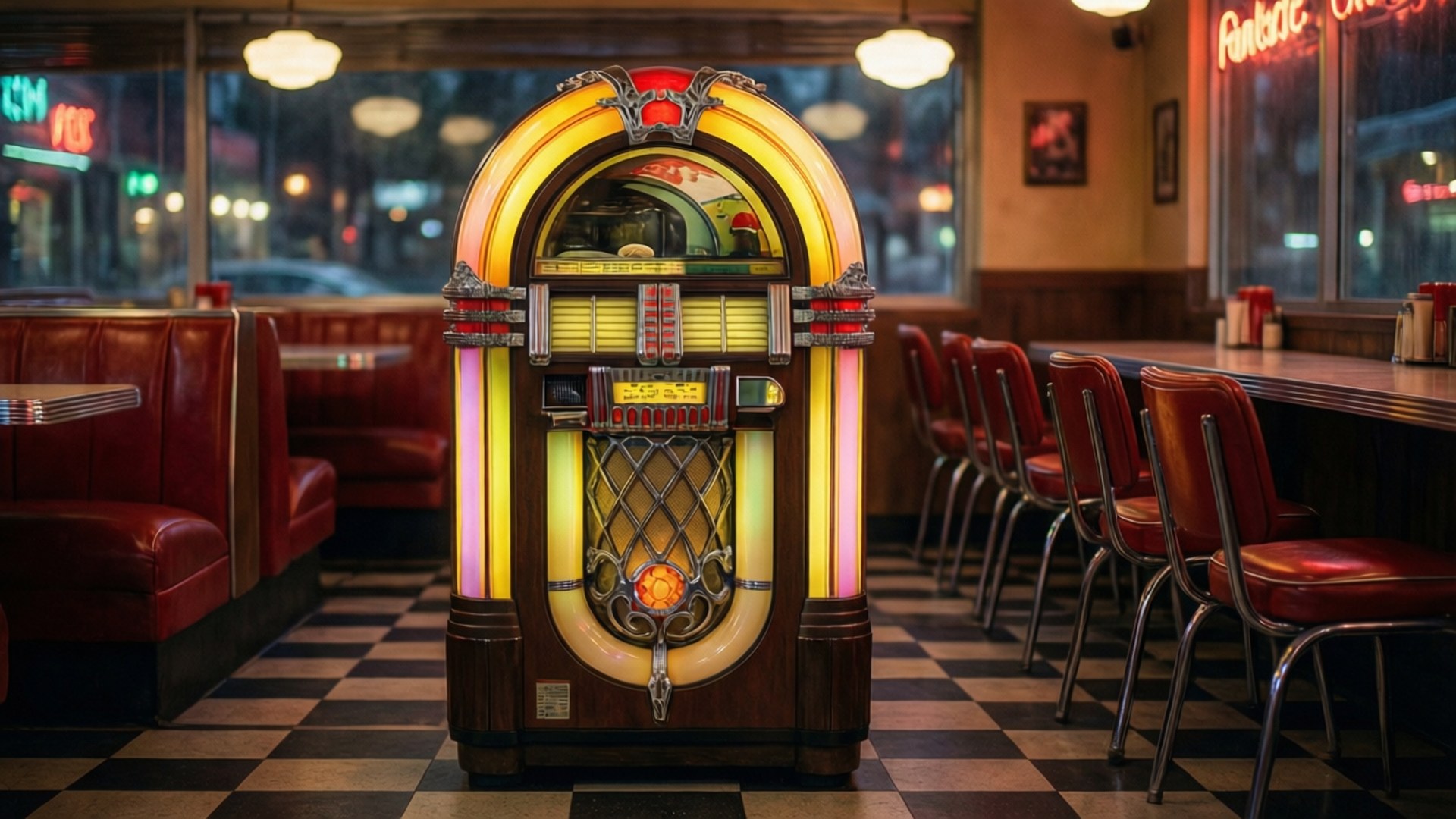 retro diner, neon jukebox, red booths, Full HD Desktop Wallpaper