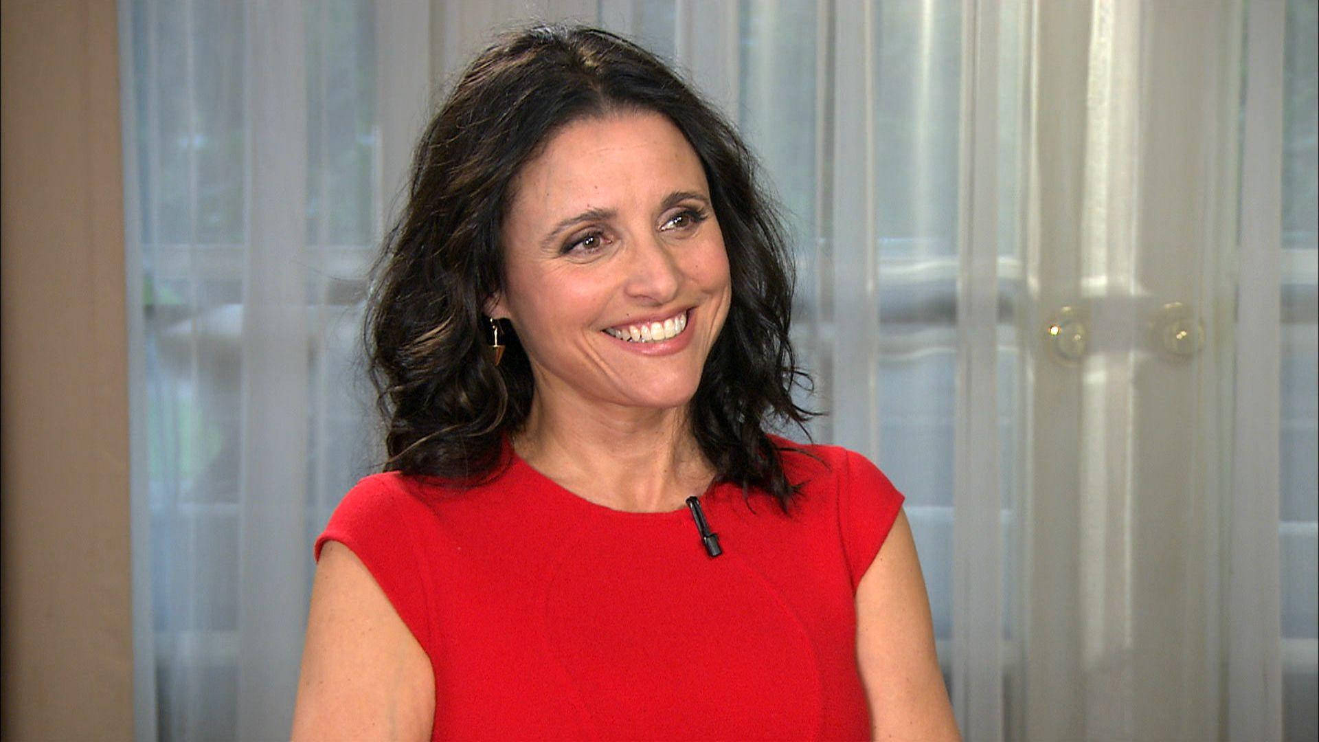 Julia Louis-Dreyfus, Today News Interview, bright red sleeveless top, Full HD Desktop Wallpaper