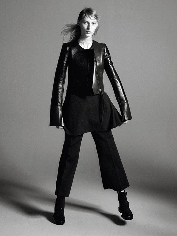 Julia Nobis, sleek black leather jacket, flared trousers, SD Phone Wallpaper