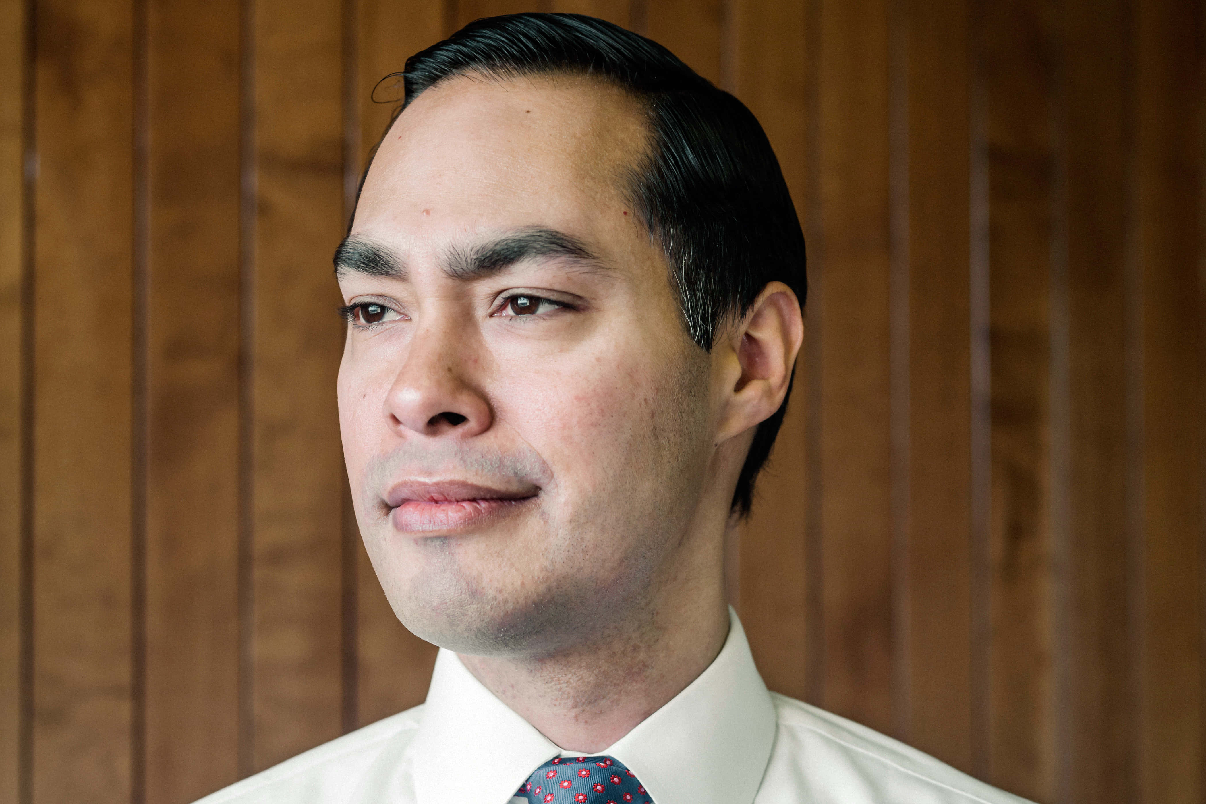 Julian Castro, wood panel background, white shirt, 4K Desktop Wallpaper