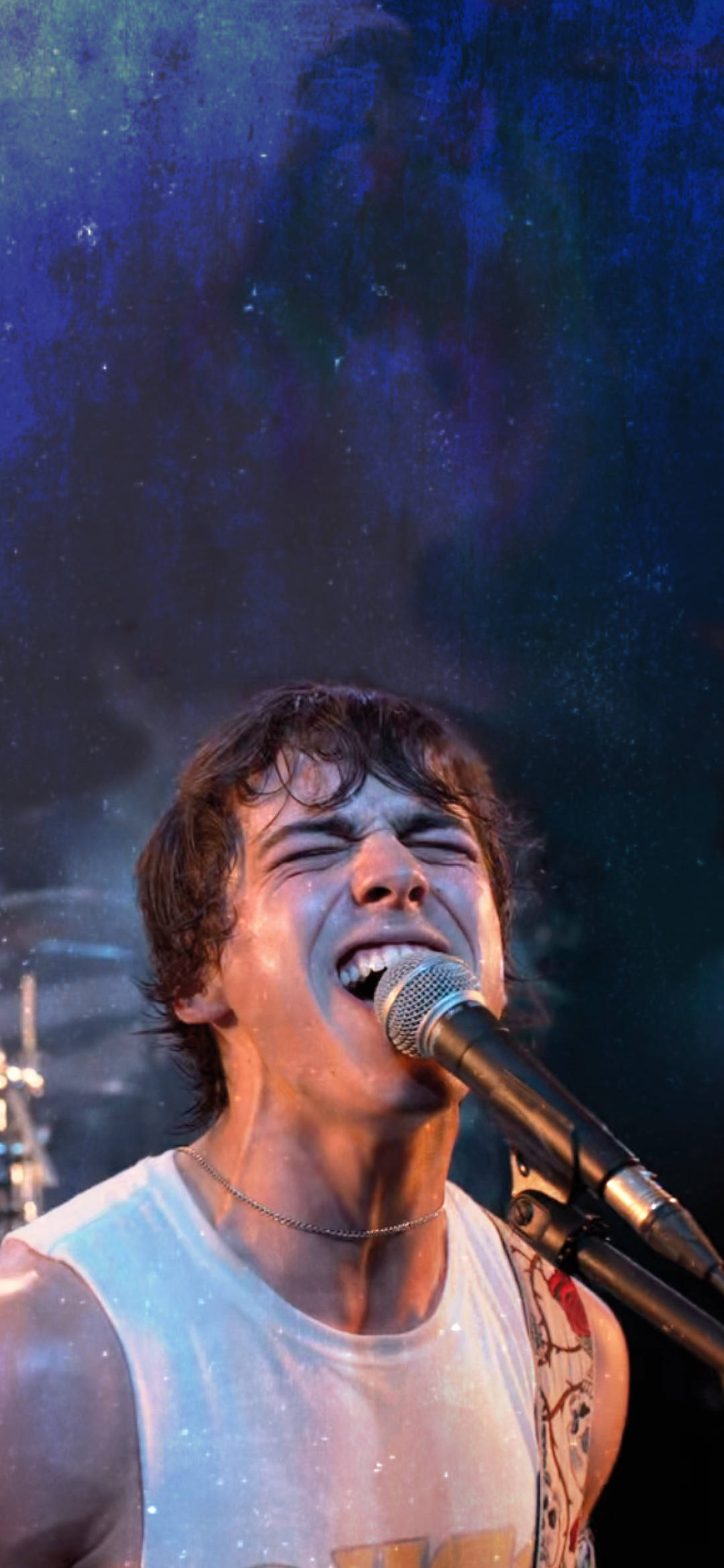 Julie and The Phantoms, vibrant blue stage lights, cosmic background effects, Full HD Phone Wallpaper