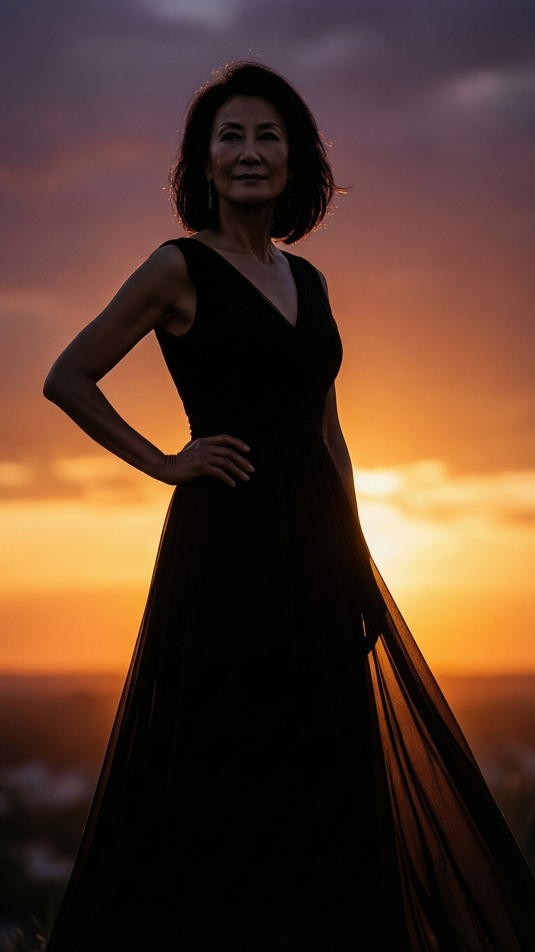 Julie Chen, silhouette, sunset, Full HD Phone Wallpaper
