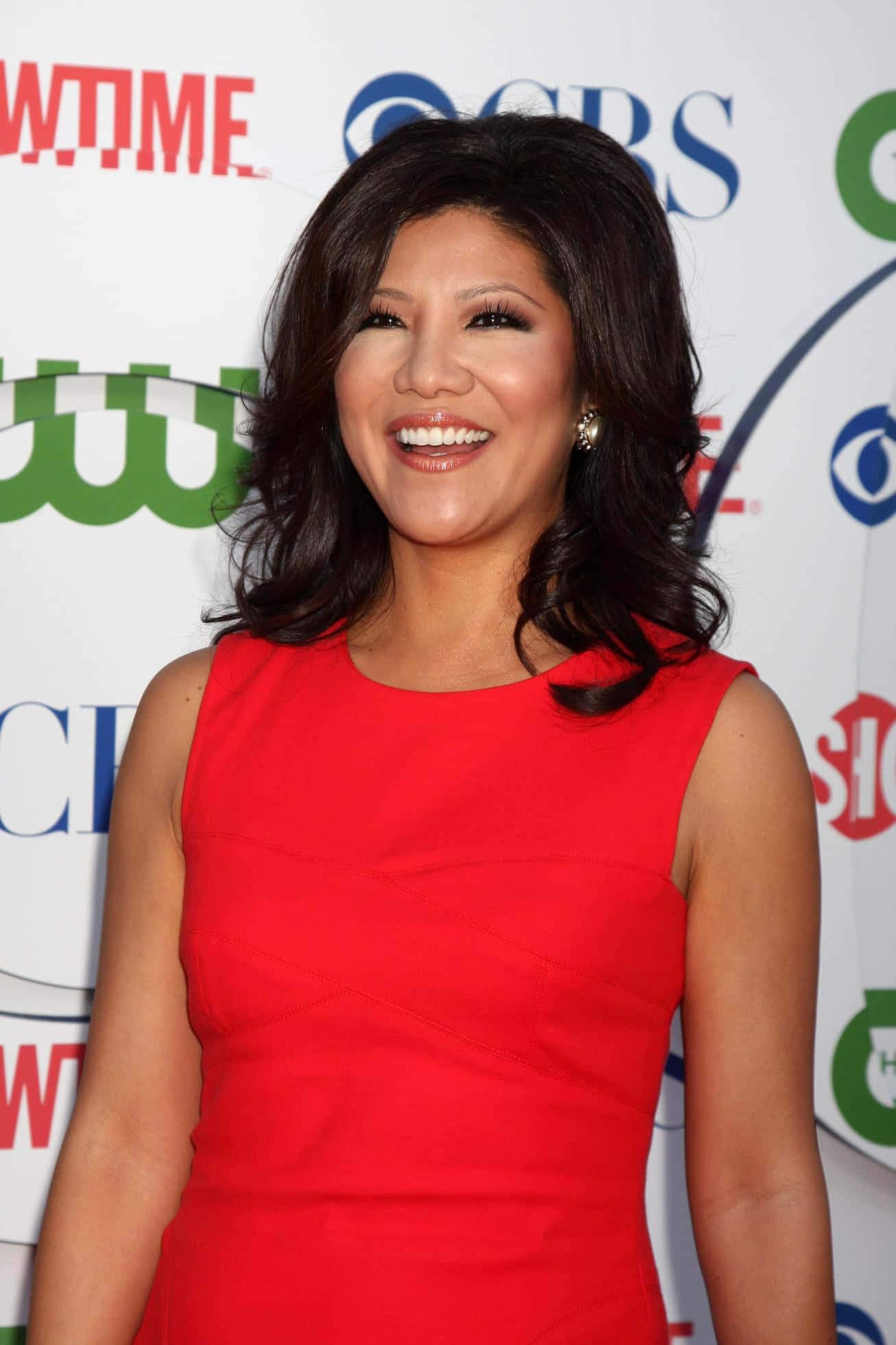 Julie Chen, red dress, sleeveless dress, Full HD Phone Wallpaper