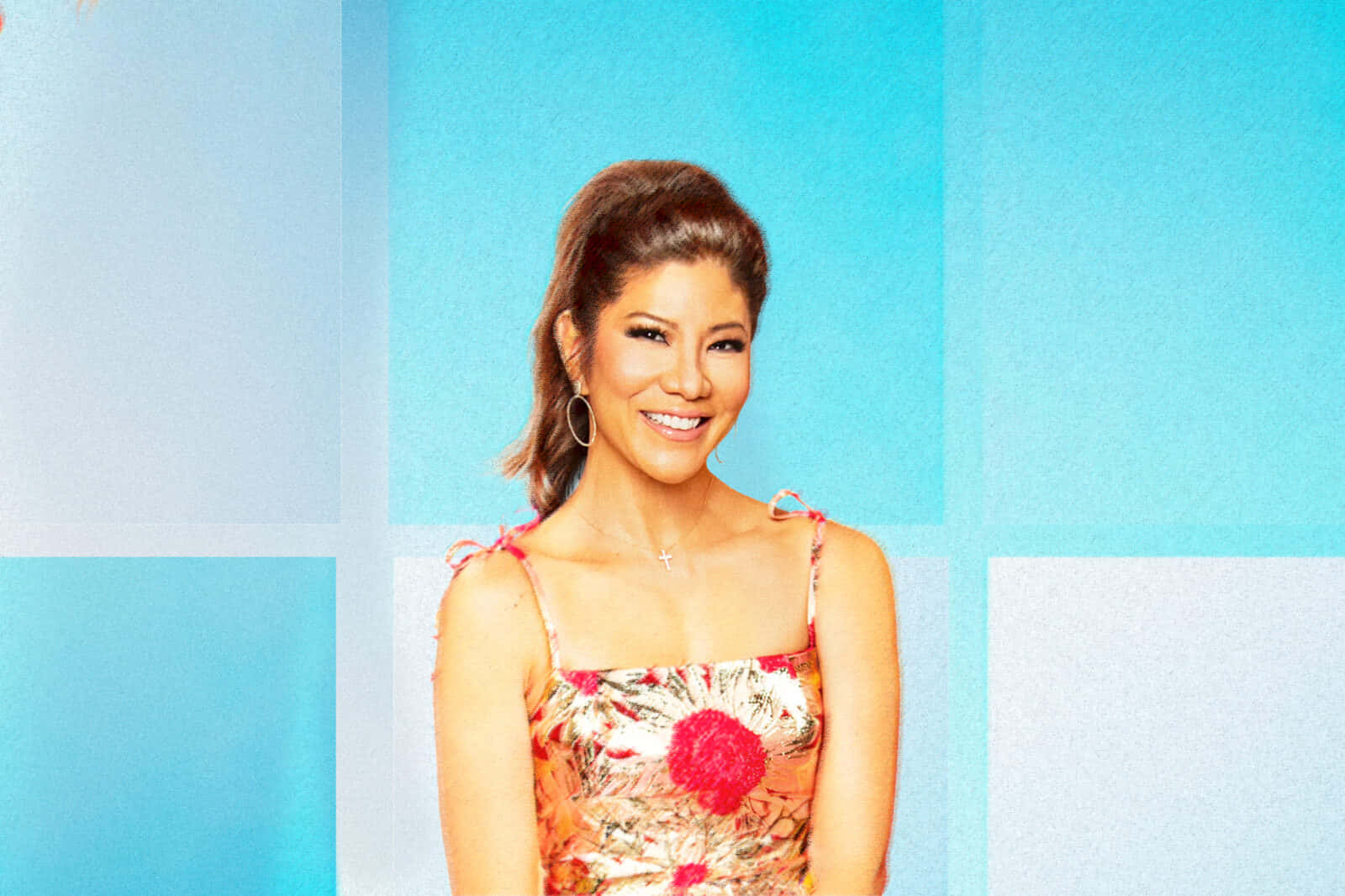 Julie Chen, floral dress, blue and white checkered background, HD Desktop Wallpaper