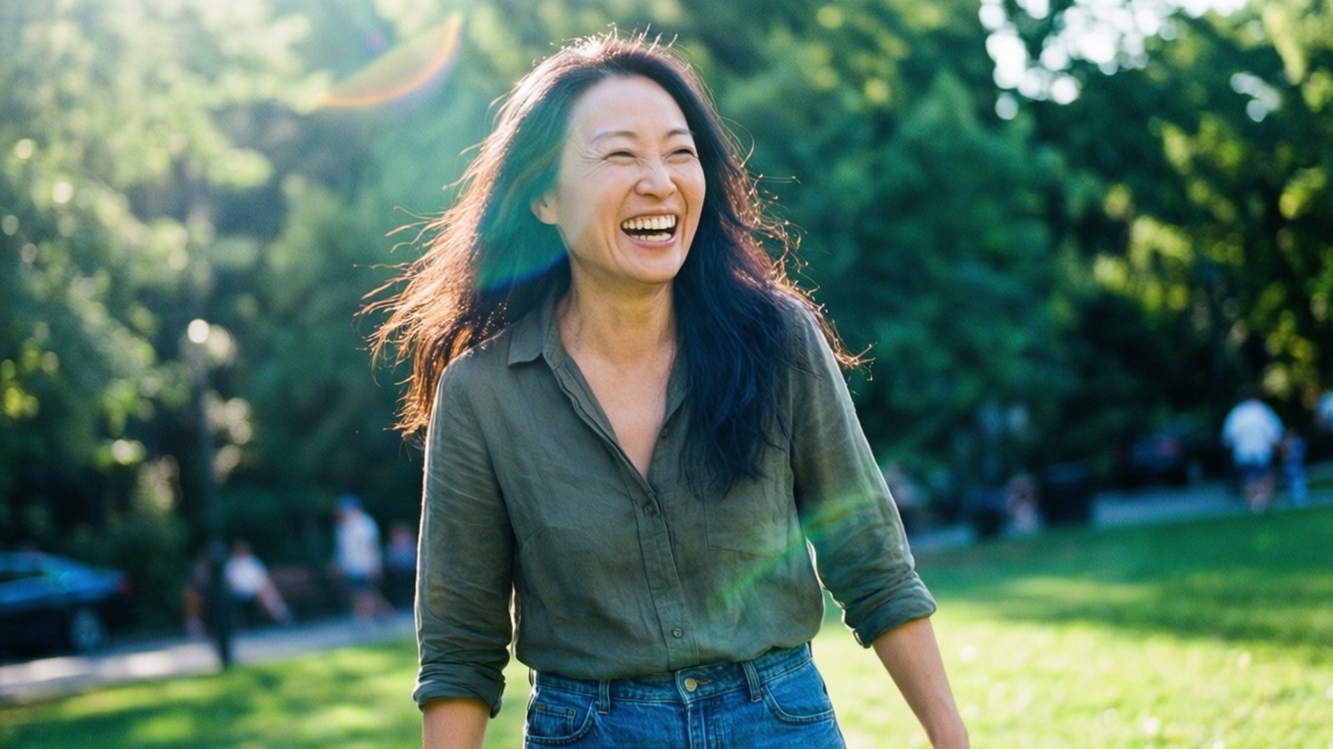 Julie Chen, laughing, outdoors, Full HD Desktop Wallpaper