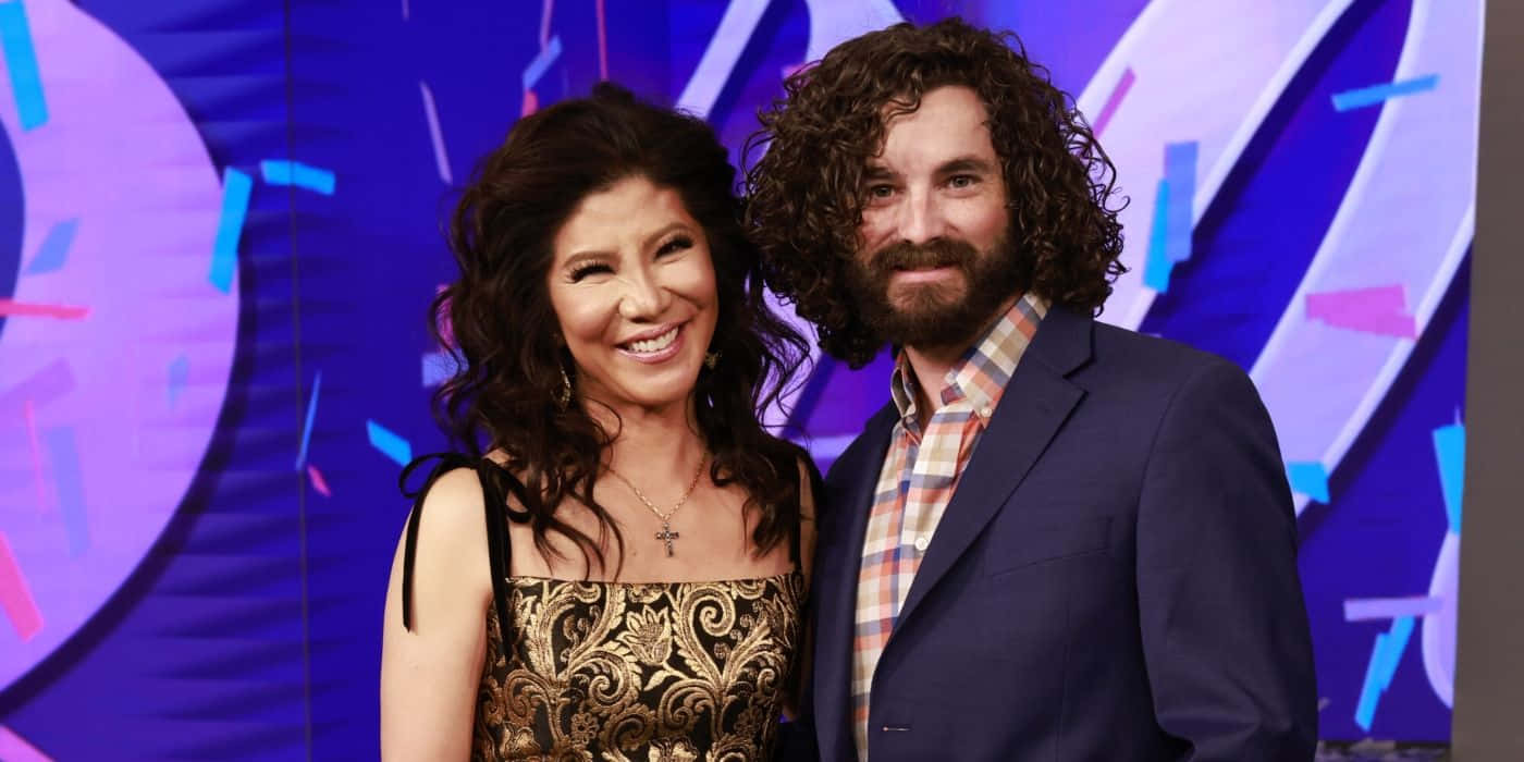 Julie Chen, gold patterned dress, bearded man, HD Desktop Wallpaper