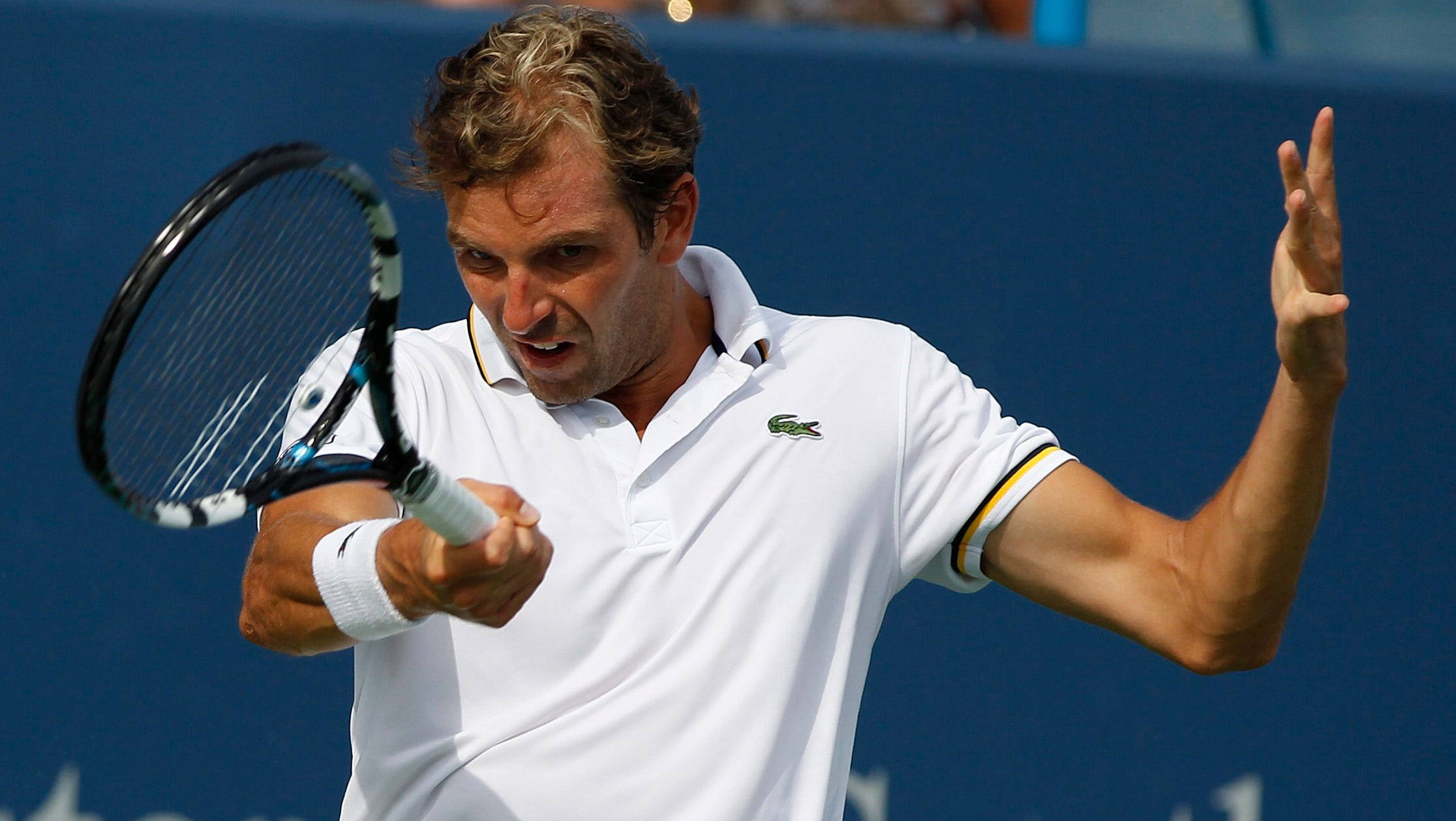 Julien Benneteau, white polo shirt, blue court, Full HD Desktop Wallpaper