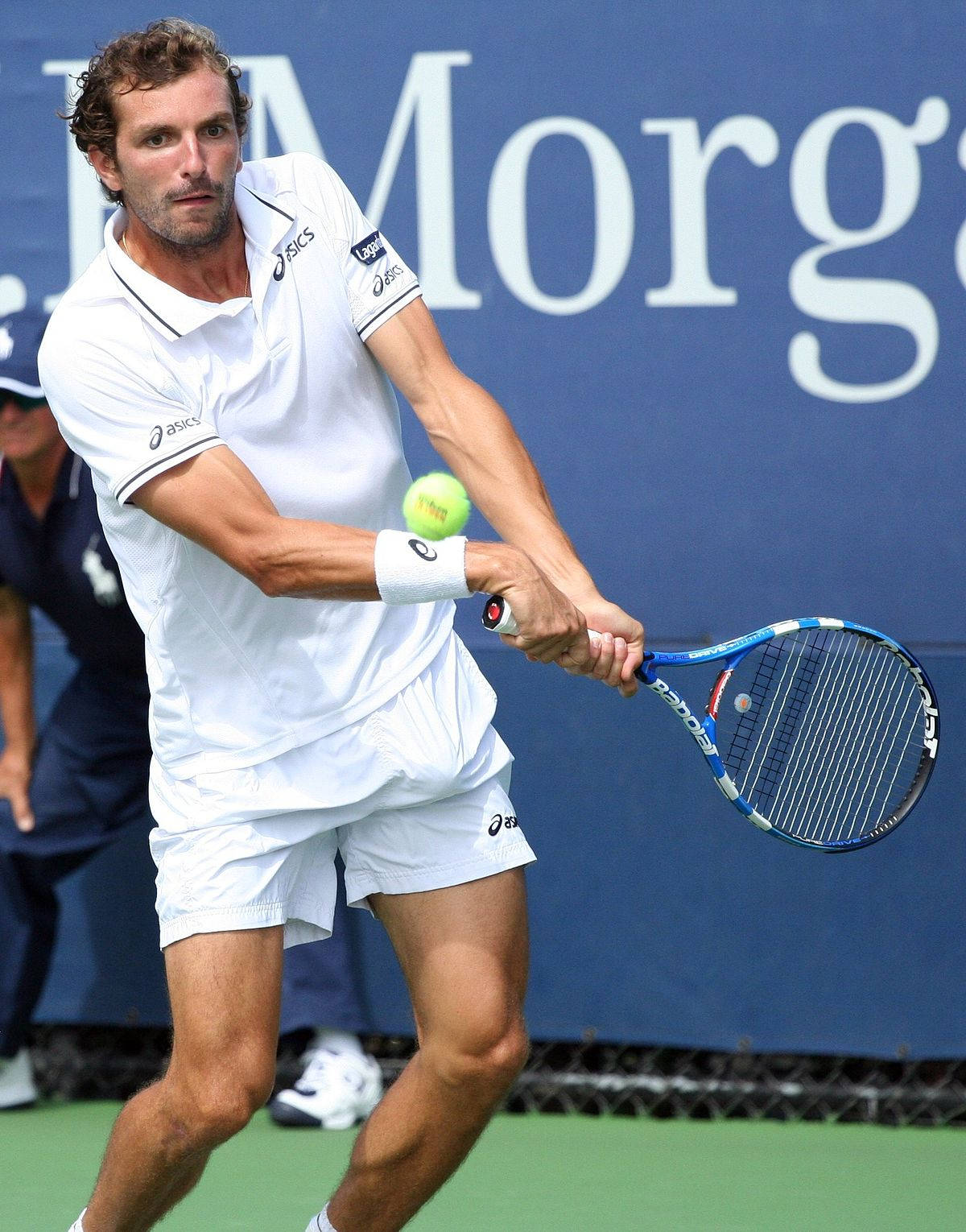 Julien Benneteau, white gear, blue racket, HD Phone Wallpaper