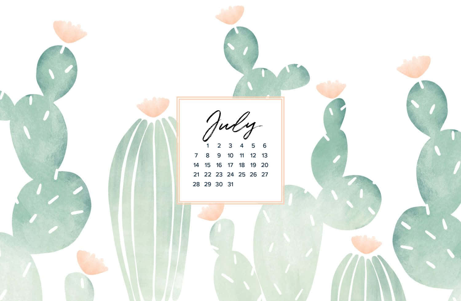 July Cactus Desktop Calendar, watercolor, soft green cacti, HD Desktop Wallpaper