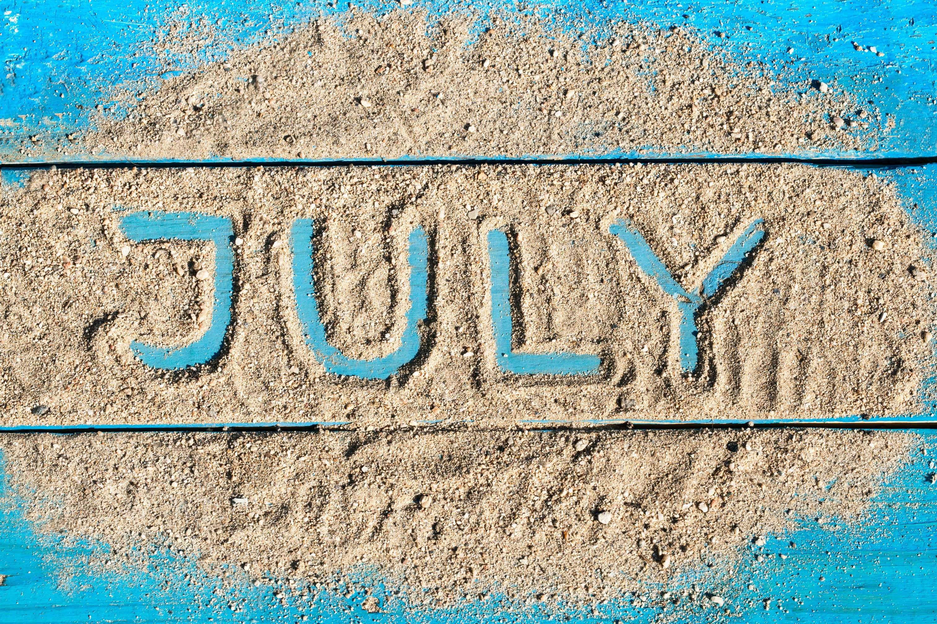 JULY, sand, blue wooden surface, 2K Desktop Wallpaper