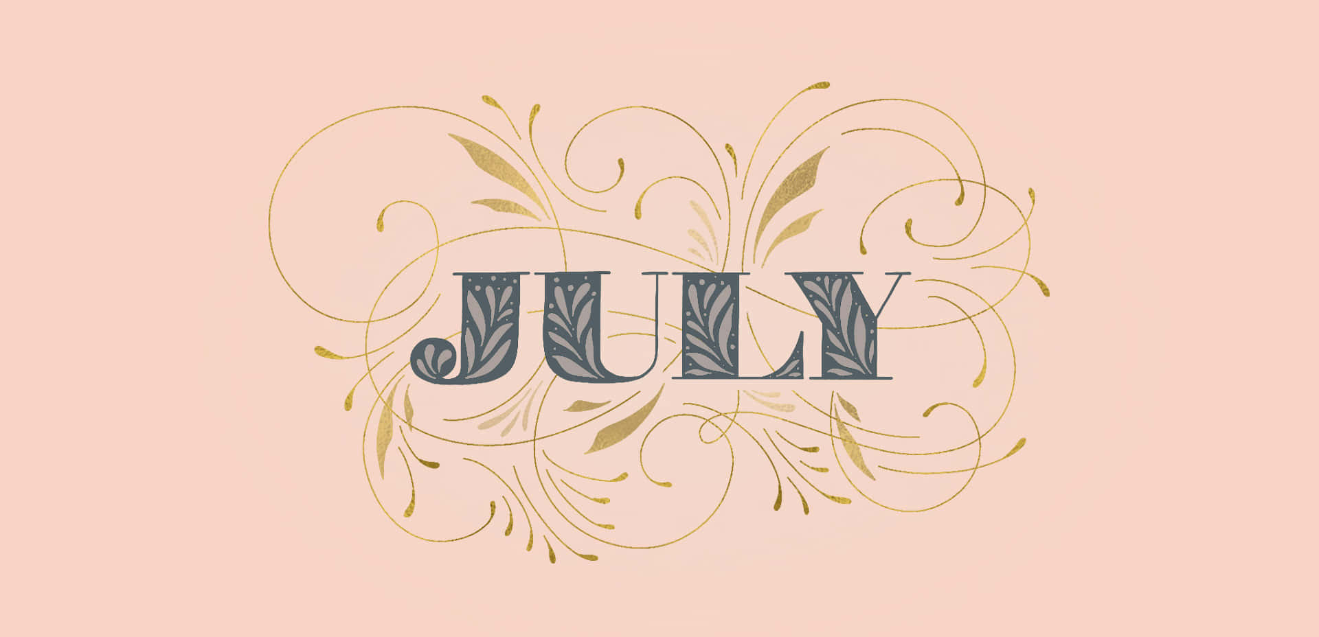 July, gray letters, golden swirling foliage, Full HD Desktop Wallpaper