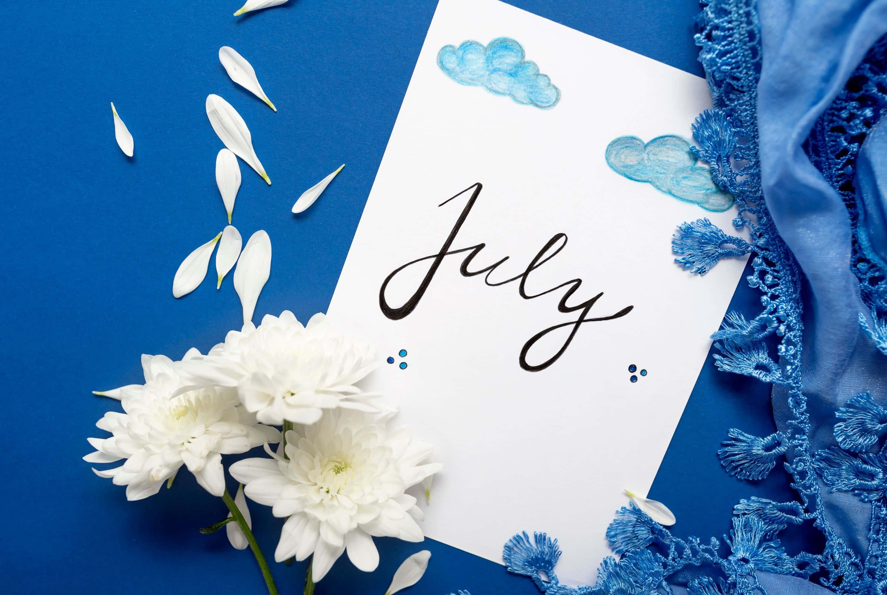 July, floral blue theme, white card, 2K Desktop Wallpaper