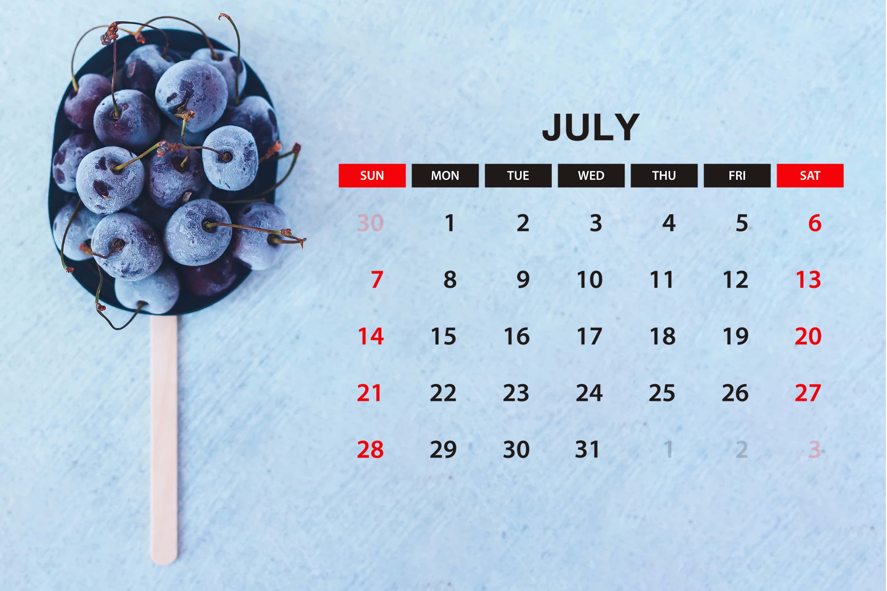 July Calendar, frosty purple cherries, lollipop, 2K Desktop Wallpaper