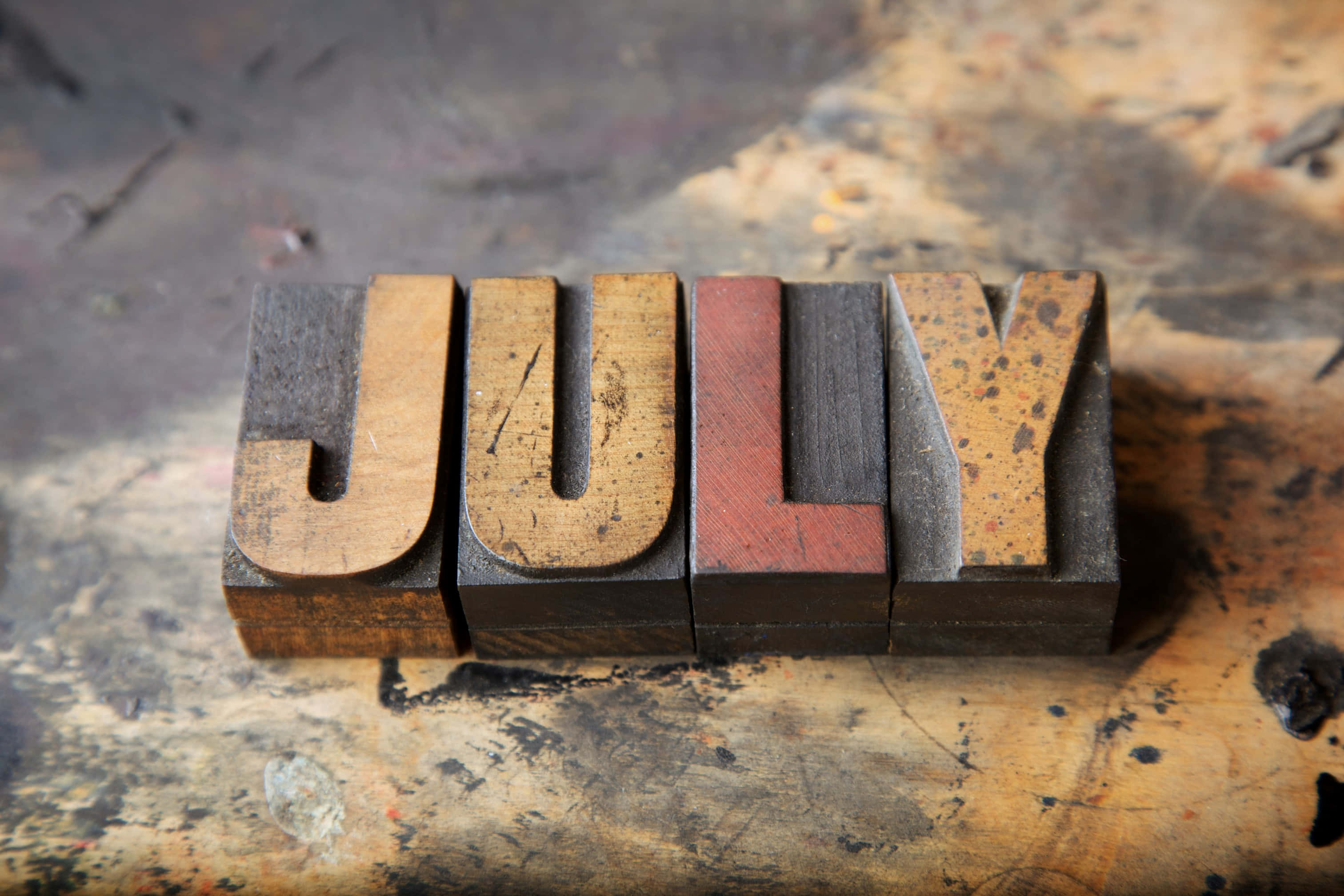 Vintage July Block Letters, wooden letterpress blocks, JULY, 2K Desktop Wallpaper