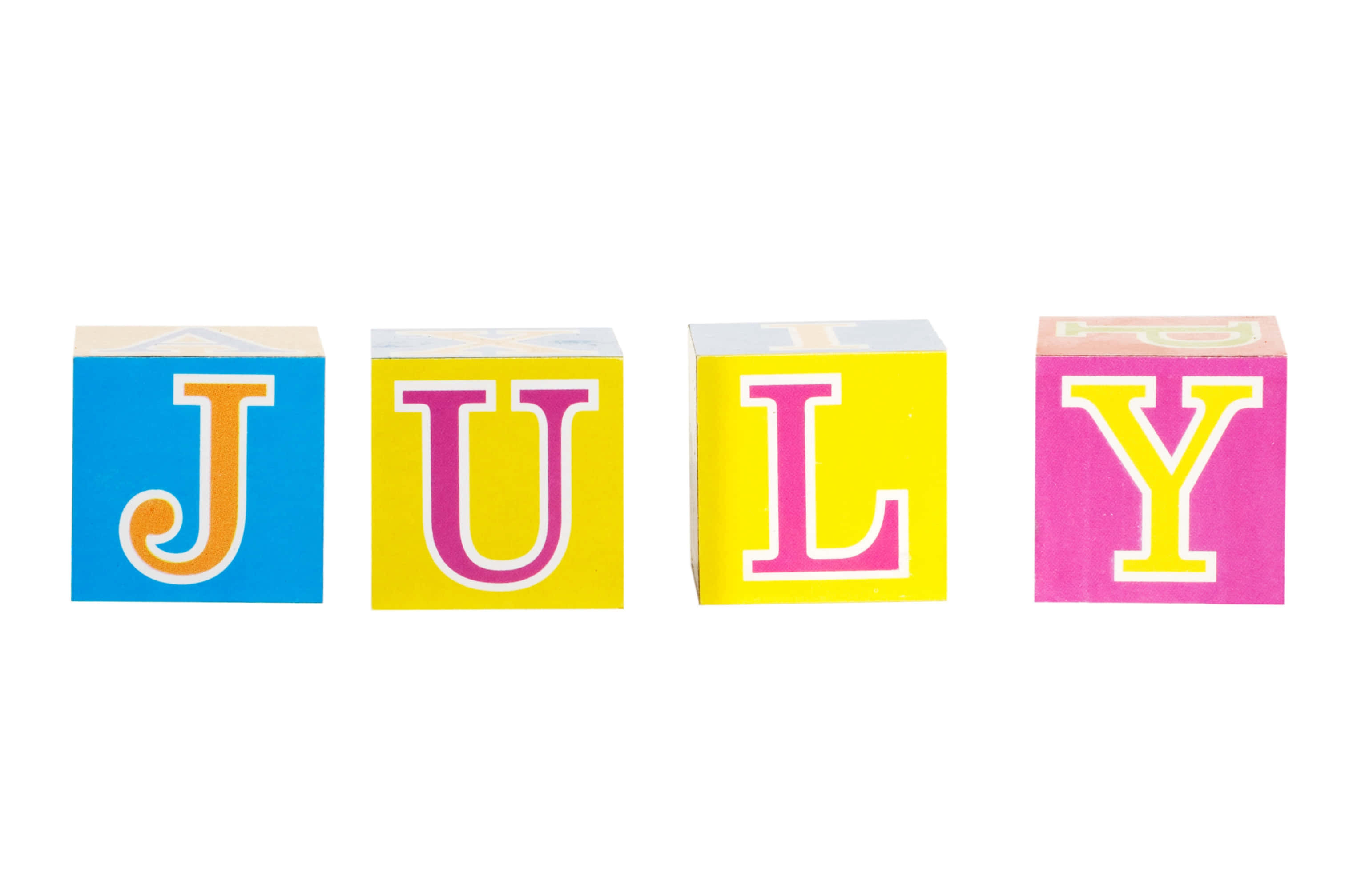 colorful wooden blocks, JULY, bold letters, 2K Desktop Wallpaper