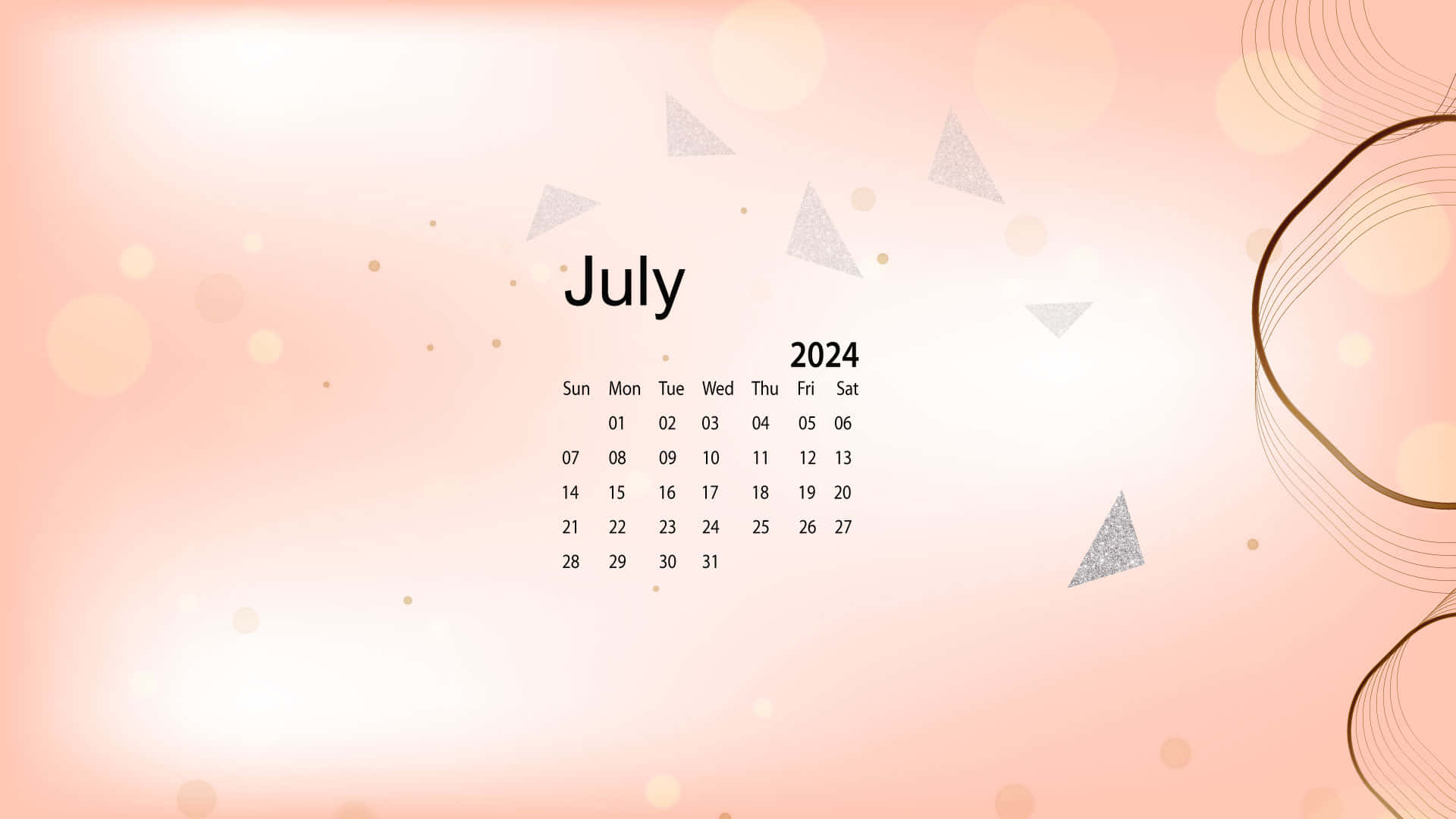 July 2024 calendar, soft pink gradient, silver triangles, Full HD Desktop Wallpaper