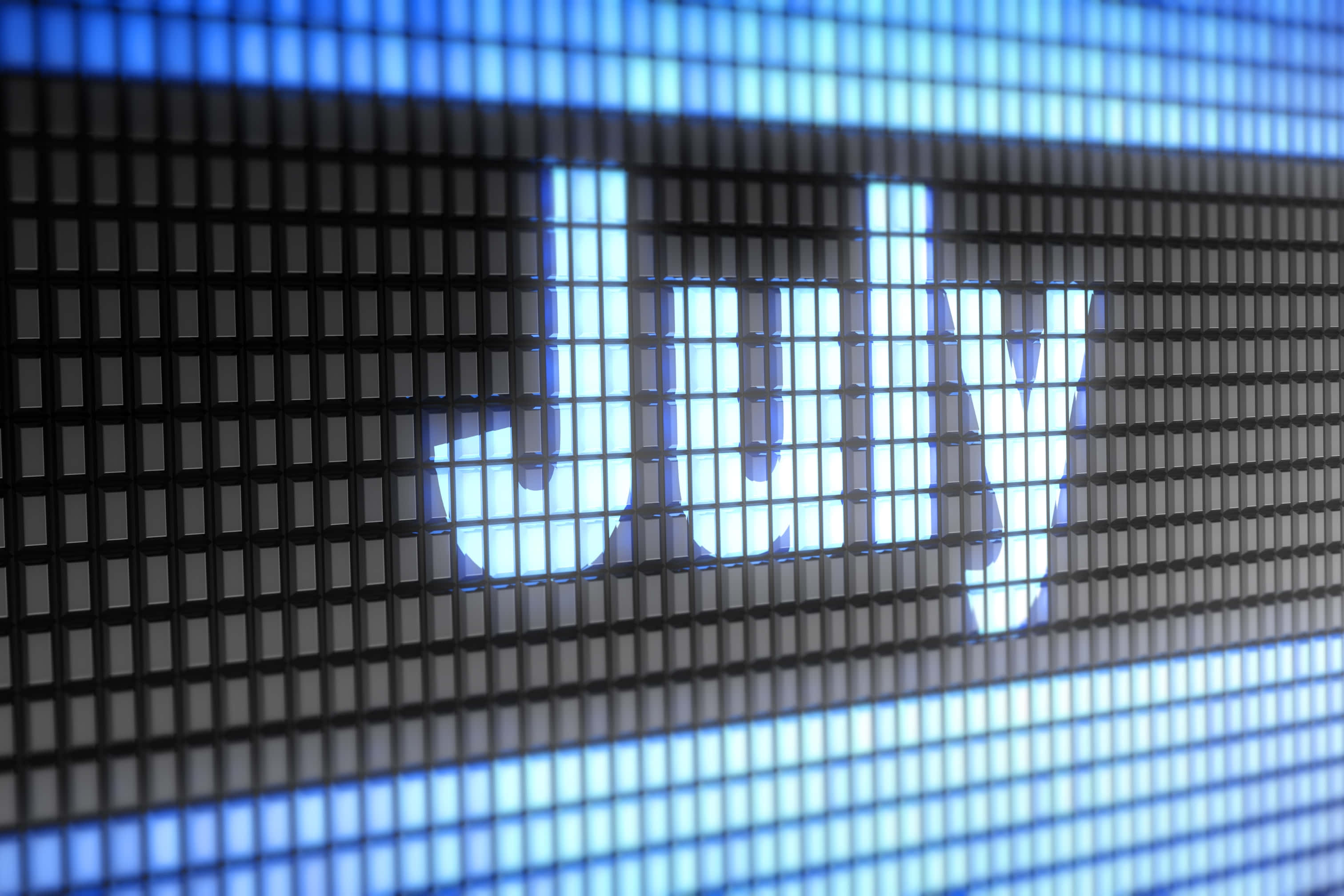 July, bright white letters, blue pixelated digital grid background, 2K Desktop Wallpaper