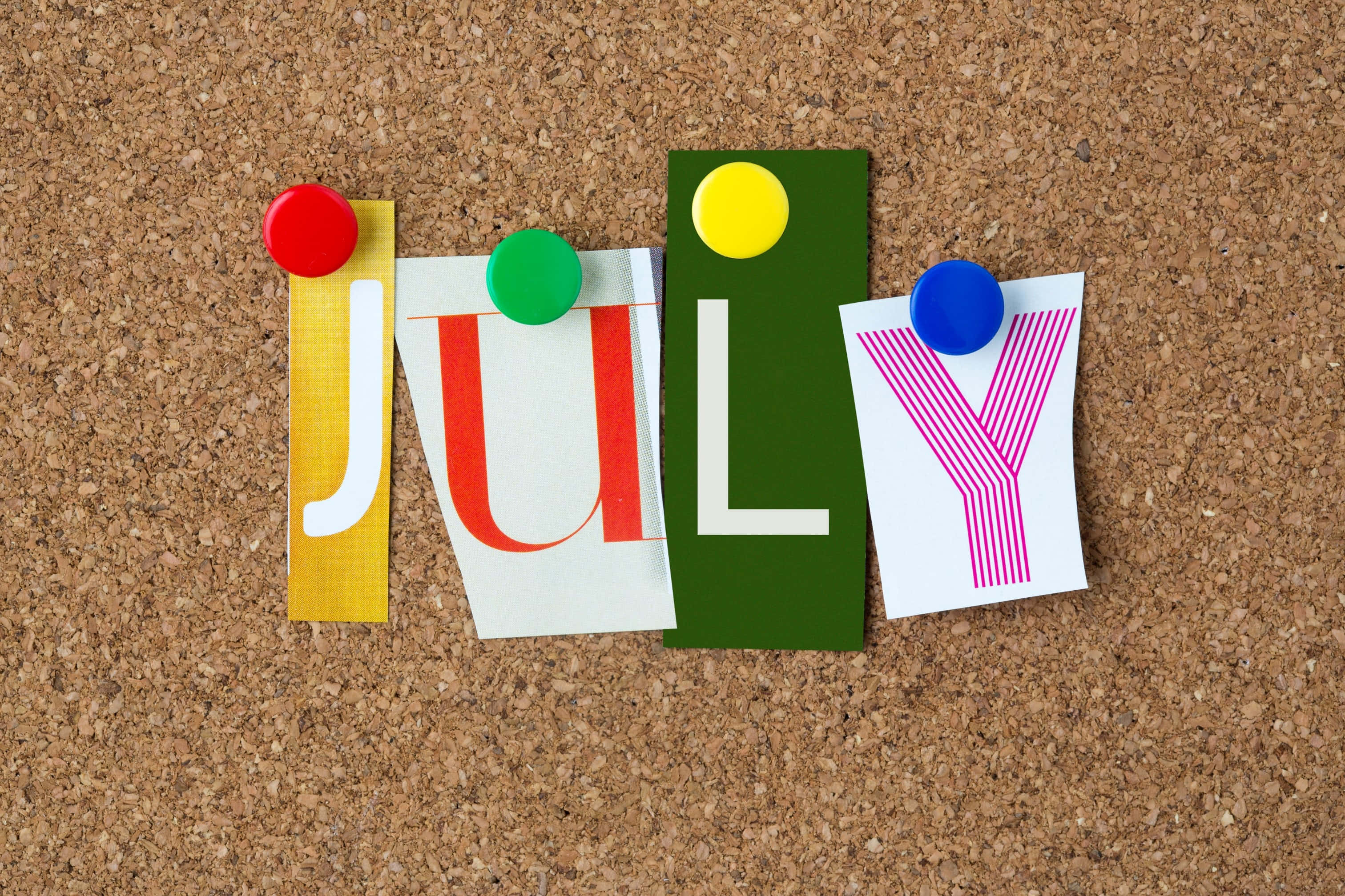 July, colorful cutout letters, textured corkboard, 2K Desktop Wallpaper