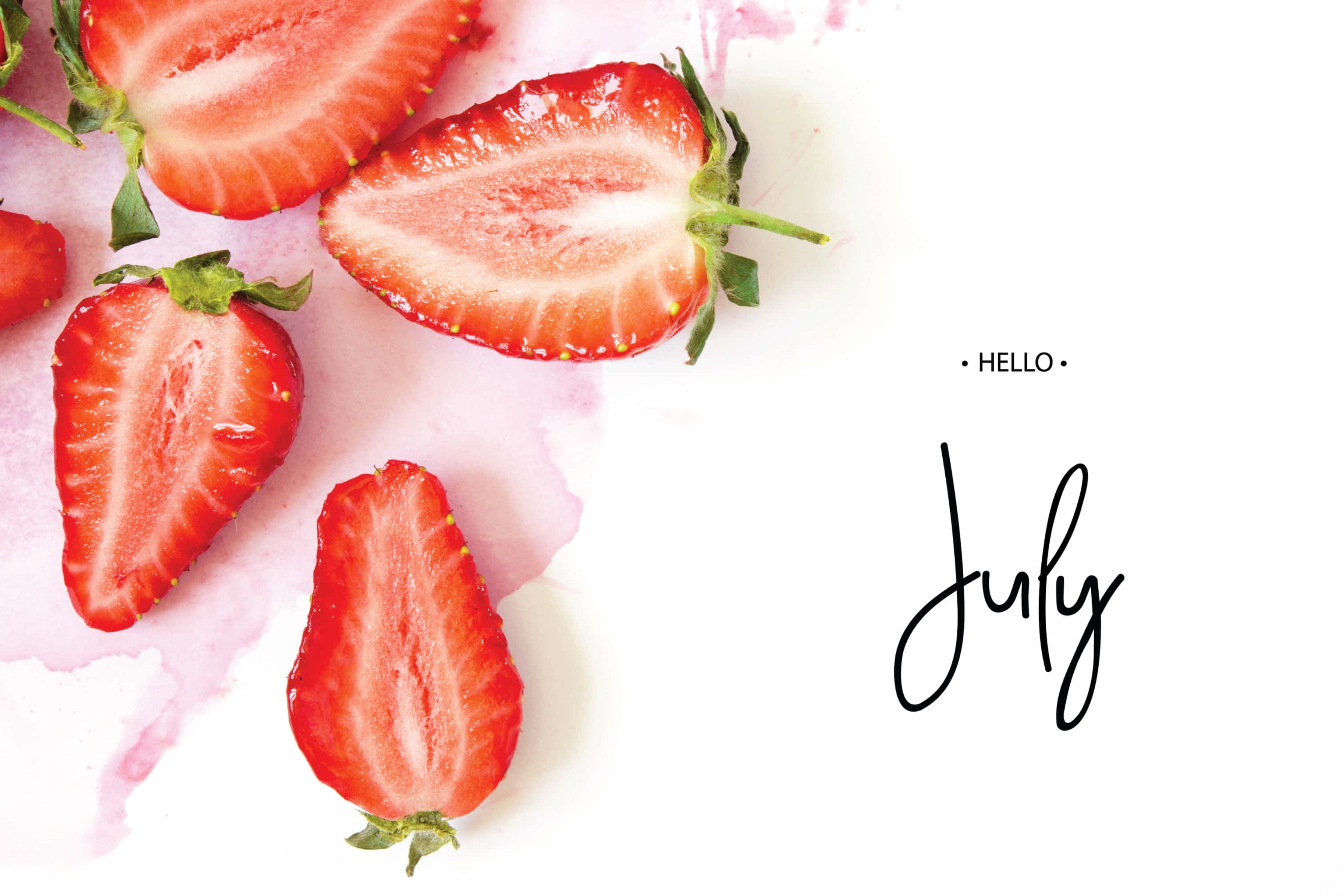 strawberries, pink watercolor splashes, cursive July text, 2K Desktop Wallpaper