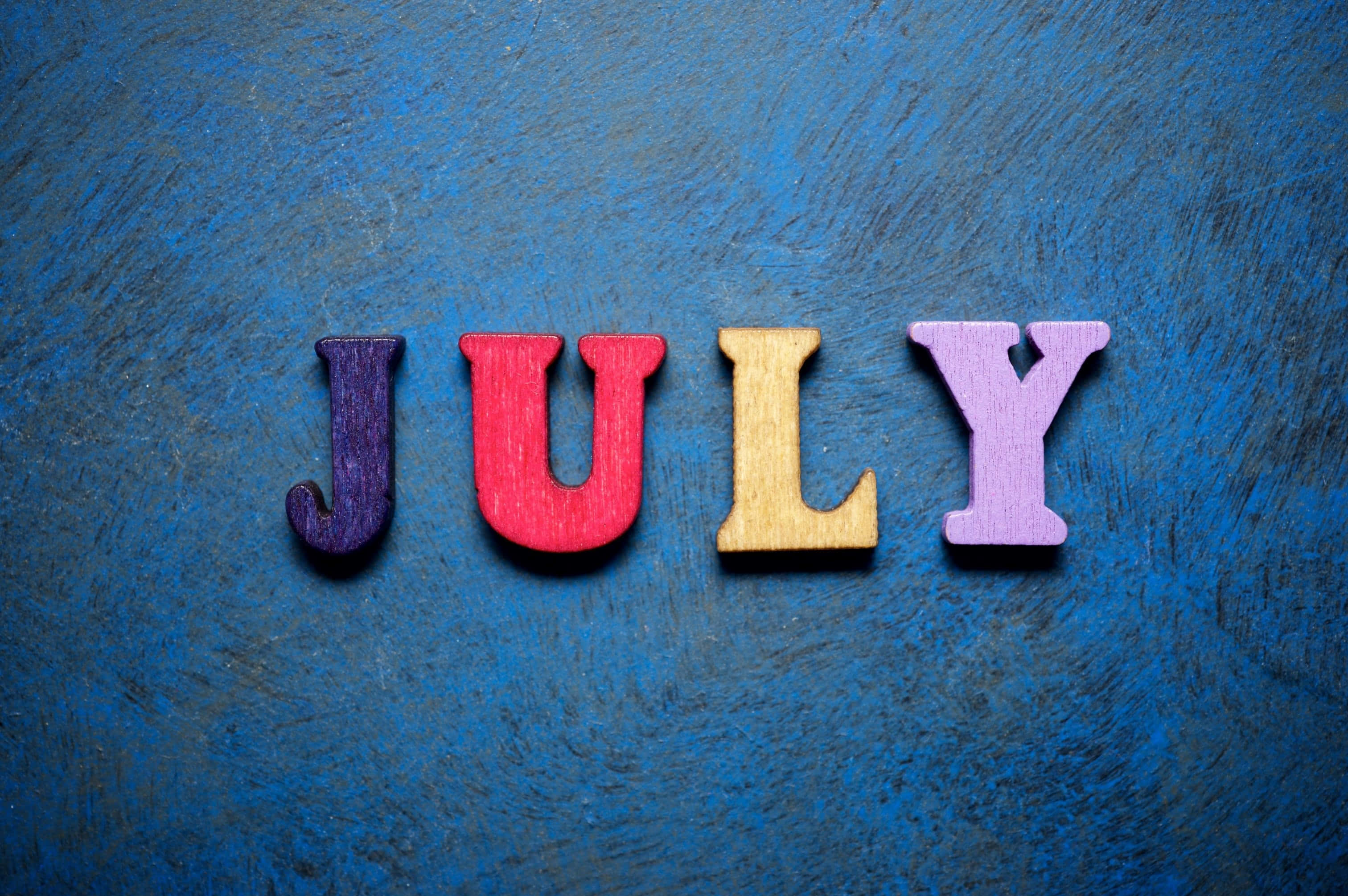 JULY, colorful wooden letters, textured blue surface, 2K Desktop Wallpaper